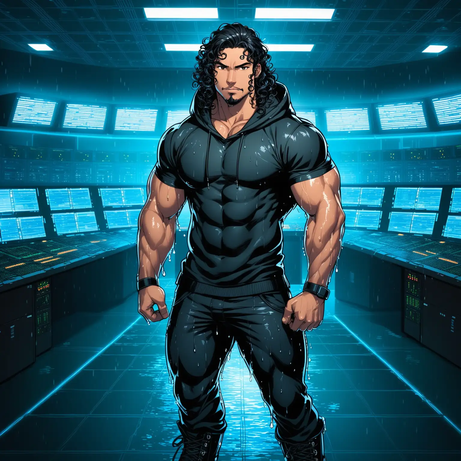 An Latino man with thick biceps to match He wears a dark hoody and combat boots his hair is short wet curly ringlets he stands in a control room blue lit 