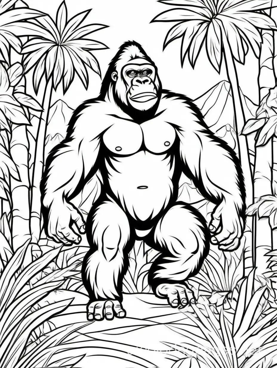 Gorilla in action, coloring book page, clear thick outlines, savanna background, –no complex patterns, shading, color, sketch, color, –ar 2:3, Coloring Page, black and white, line art, white background, Simplicity, Ample White Space. The background of the coloring page is plain white to make it easy for young children to color within the lines. The outlines of all the subjects are easy to distinguish, making it simple for kids to color without too much difficulty, Coloring Page, black and white, line art, white background, Simplicity, Ample White Space. The background of the coloring page is plain white to make it easy for young children to color within the lines. The outlines of all the subjects are easy to distinguish, making it simple for kids to color without too much difficulty