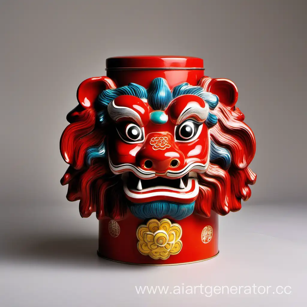 画一个中国醒狮文化中的狮子头形状陶瓷饼干收纳盒，色彩要丰富，要有盖子，材质是陶瓷的