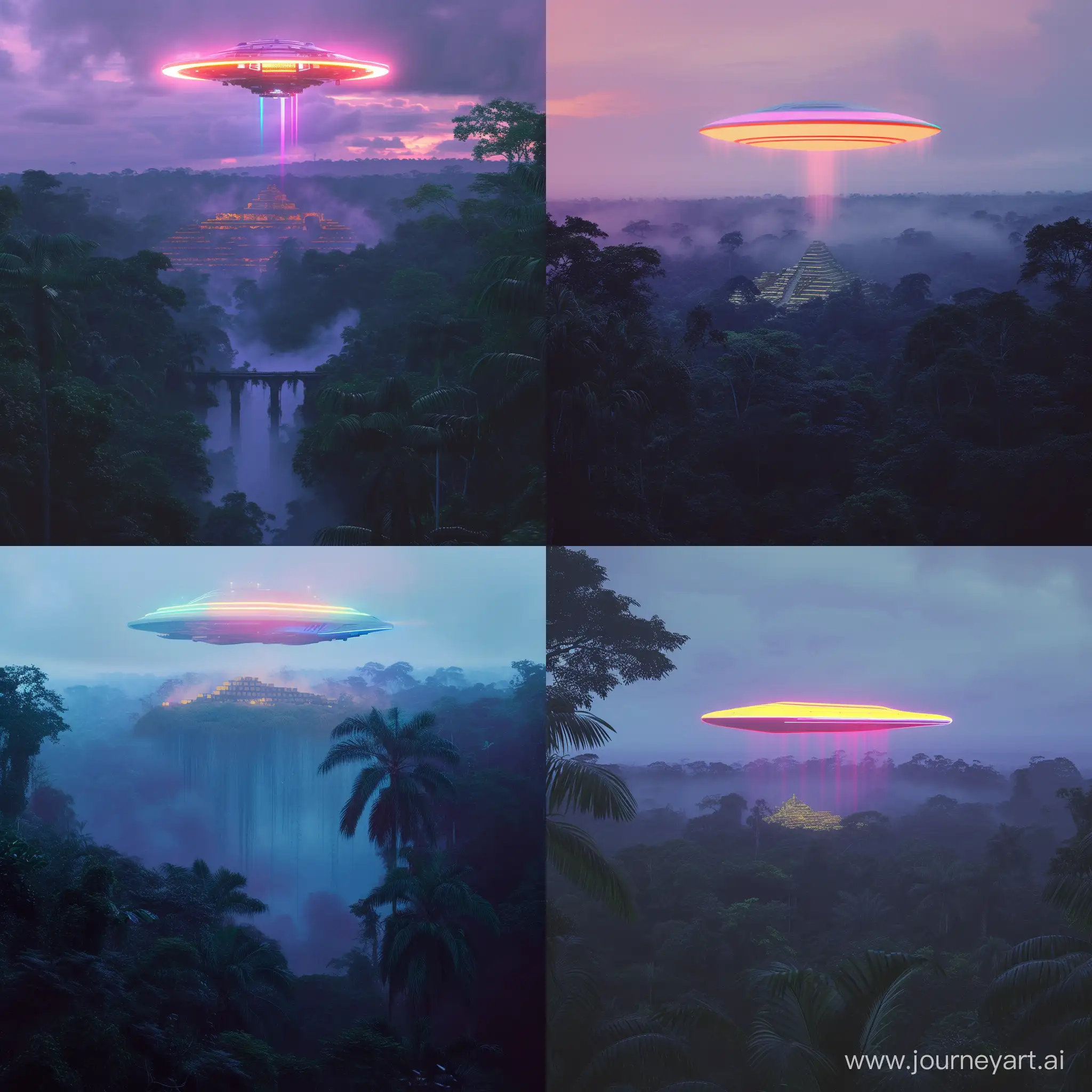 A surreal image of a neon gradient colored spaceship hovering above the lost city of gold hidden inside deep dense foggy Amazon jungle. Dusk.