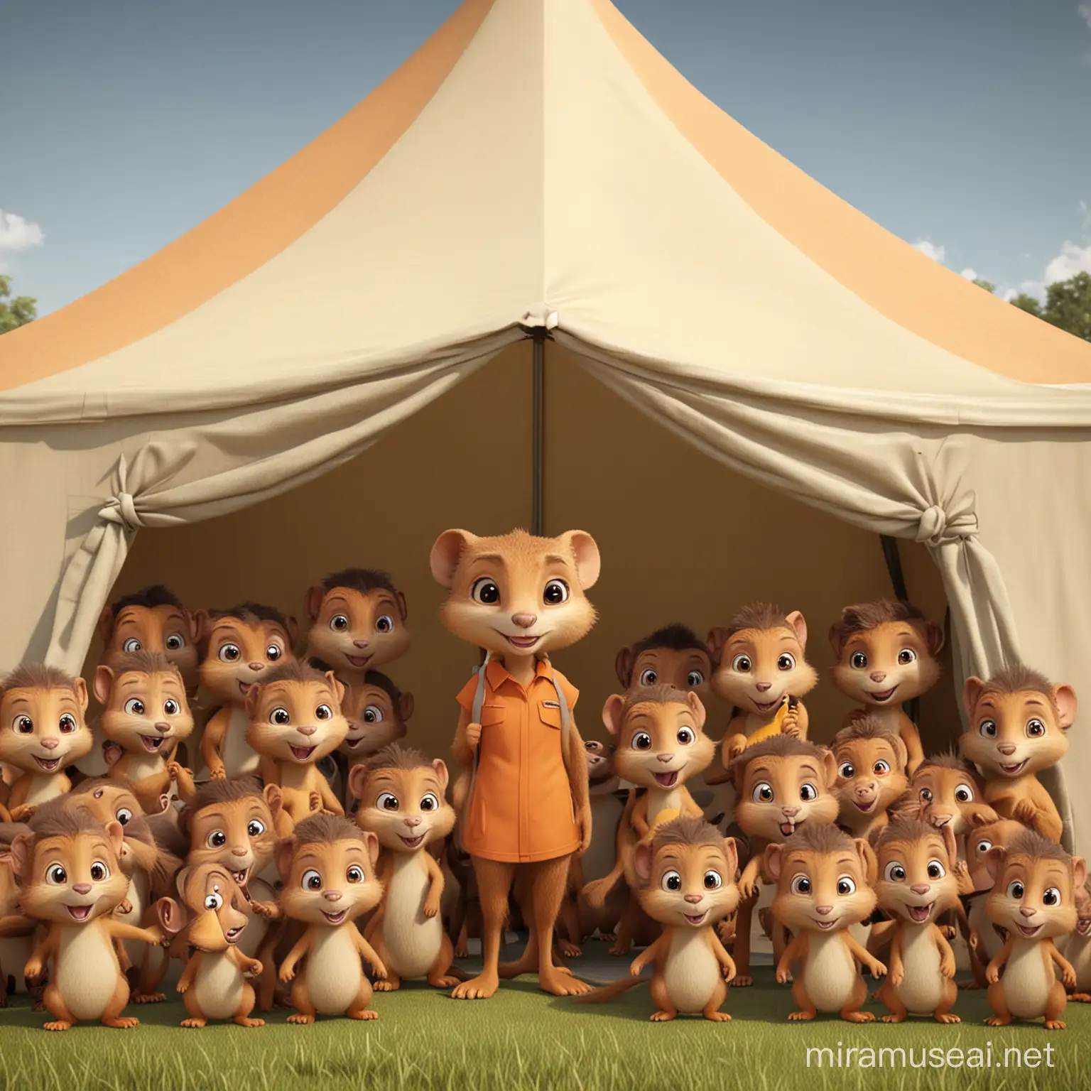 cute female cartoon mongoose with lots of cartoon human toddlers in a marquee style tent 

