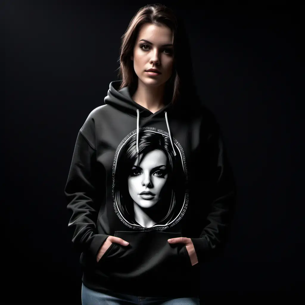 a mockup for a black hoodie.  the model wearing the hoodie should resemble sidney prescot.  the background behind the model should resemble a dark interior background.  