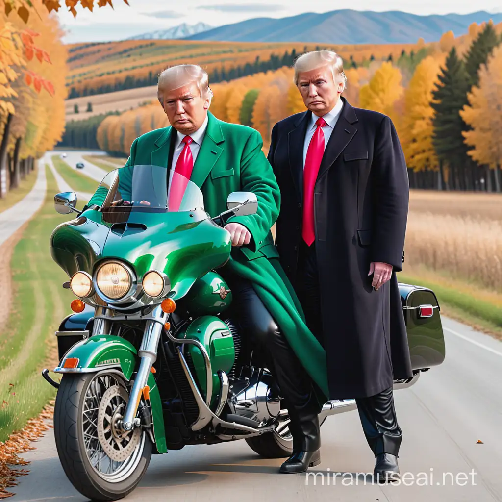 one 65years old real face trump wear green sleep robe and one putin wear whiten sleep robe,  trump driving green harley davison Touring motorcycle , putin driving black  Izh-49 motorcycle , soviet fareast dense grass land , autumn , noon , lesser trees, moutain far,