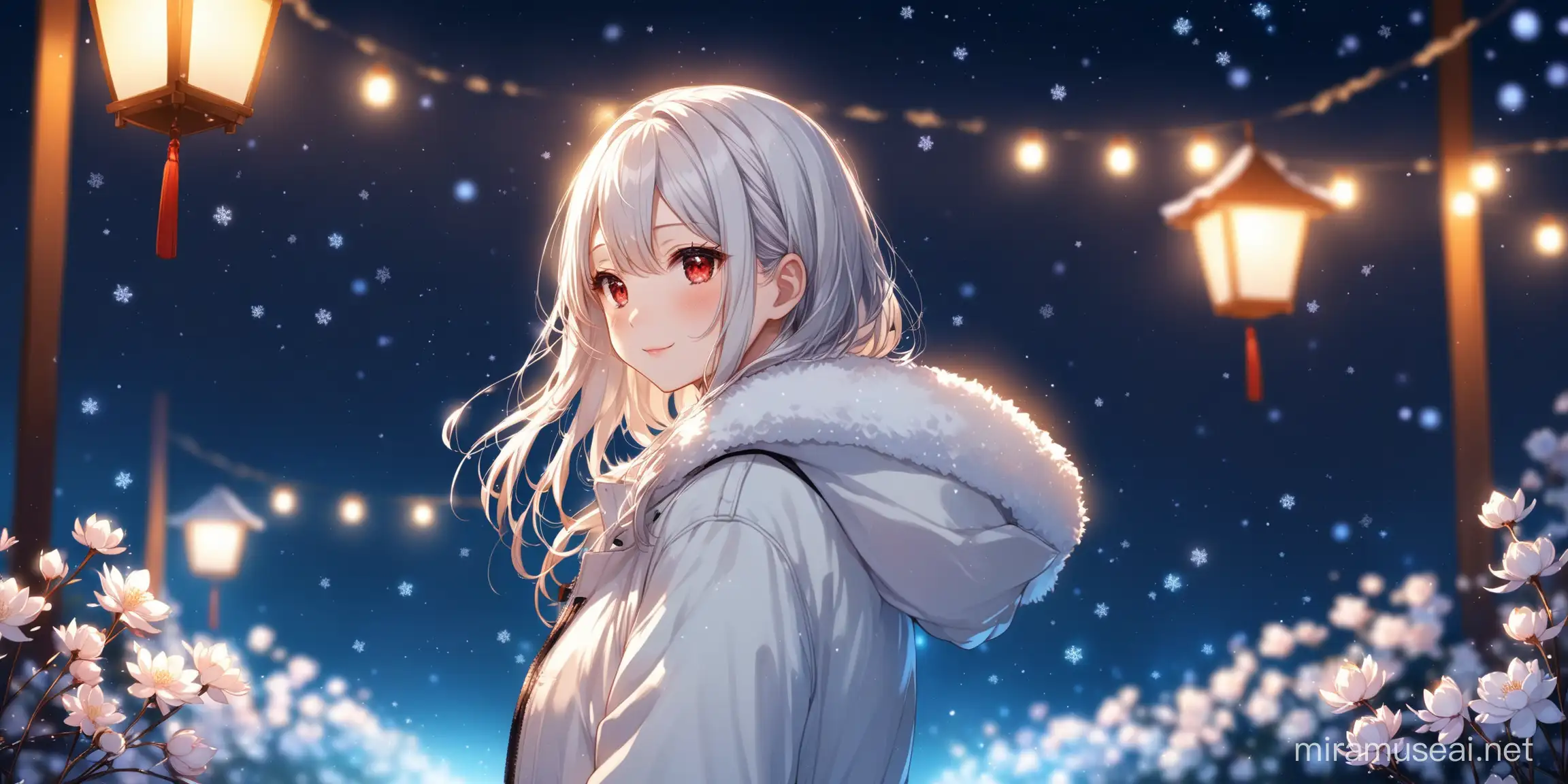 Beautiful Nighttime Portrait of a Girl in White Parka and Ankle Boots with Flowers in Warm Lighting