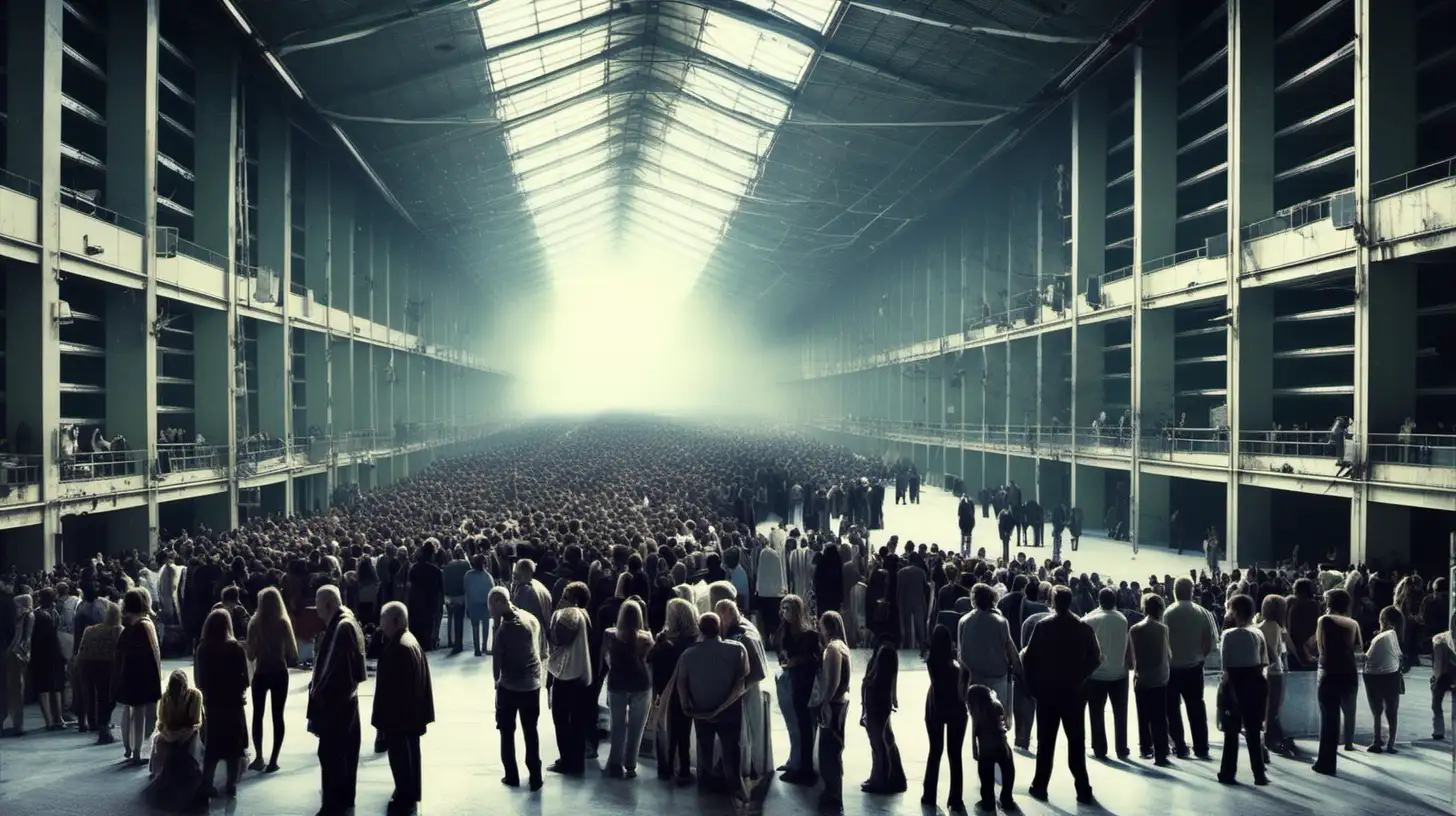 EndoftheWorld Gathering People in Long Line Inside Spacious Facility