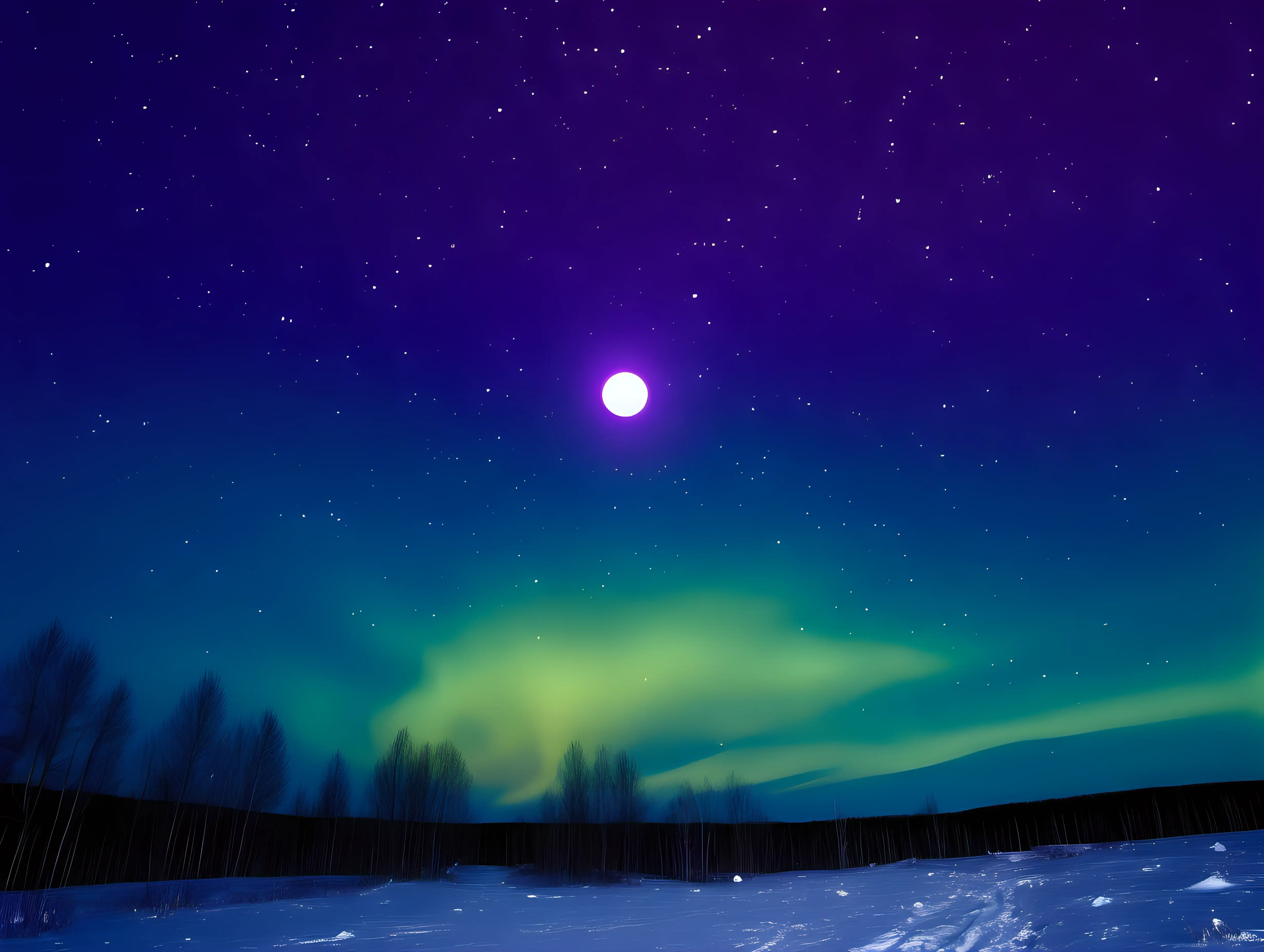 northern light skies,  blues, purples and greenish yellow only, with a lot of stars and glowing full moon, sky only, no ground, no mountains, no snow
