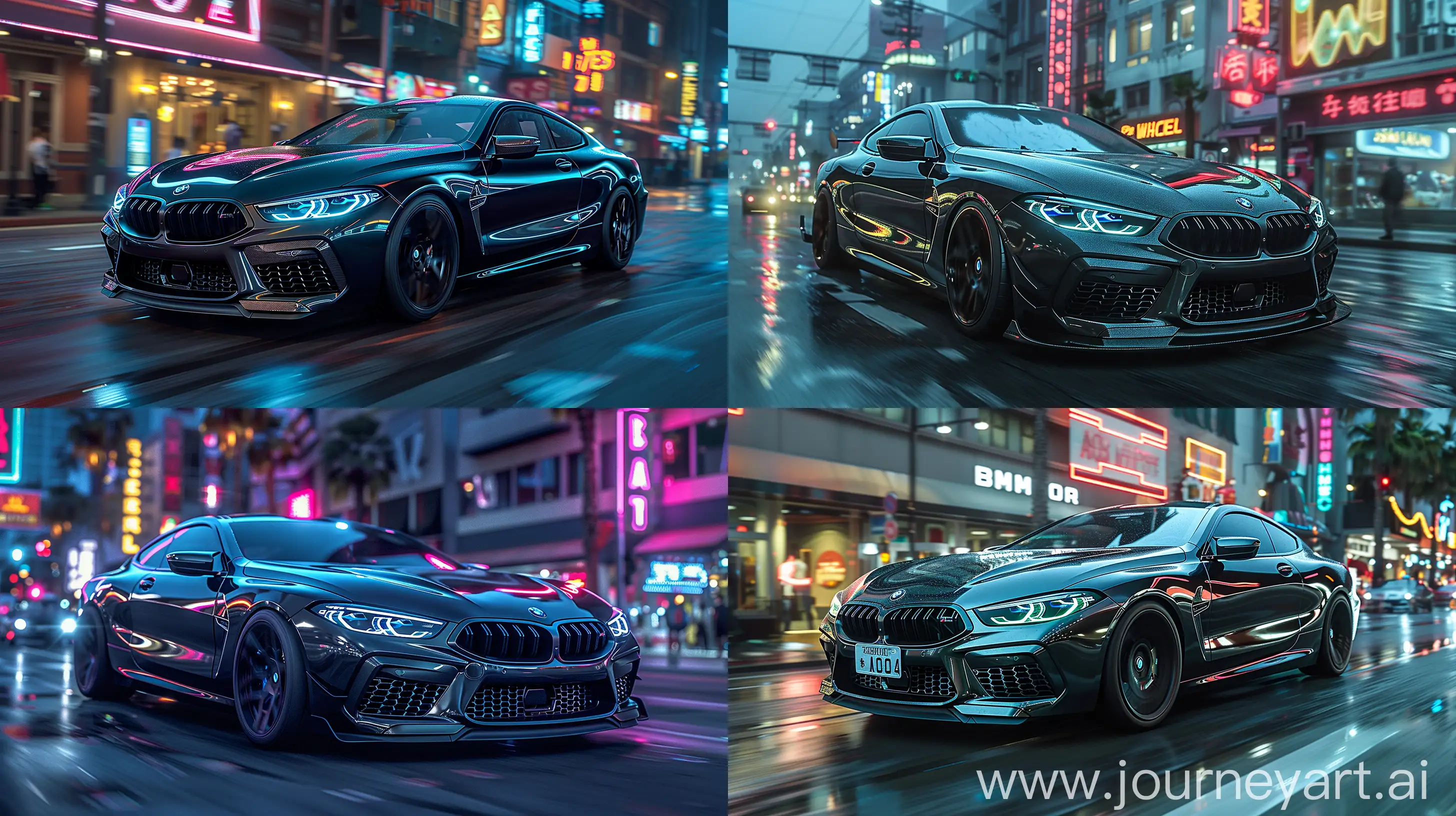 Dark, menacing BMW M8 exuding a gangster vibe, aggressive stance, pitch-black matte finish, glaring LED headlights giving off a menacing scowl, tinted windows, motion blur suggesting high speed, streets illuminated by neon signs at night, noir atmosphere --ar 16:9 --s 700 --v 6