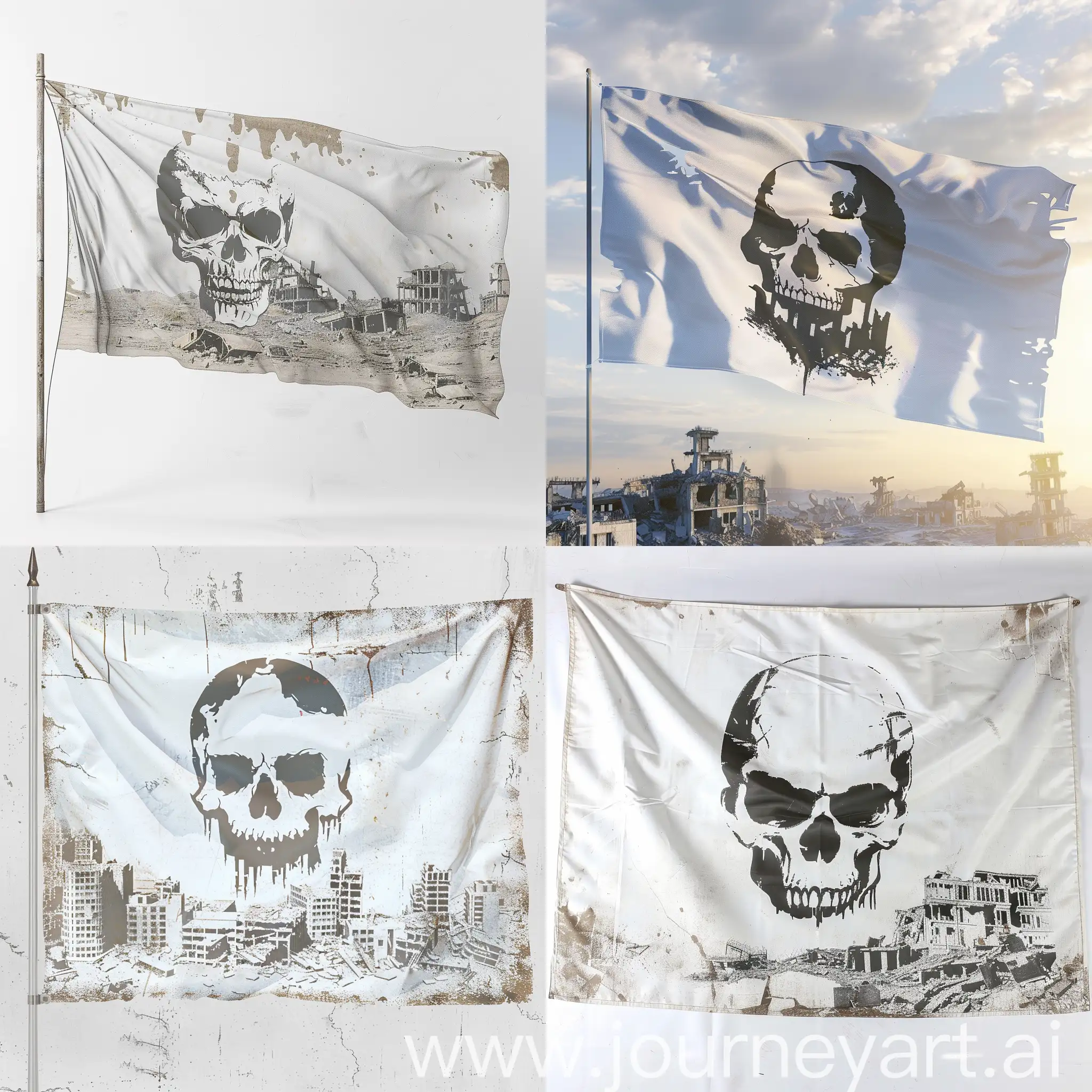 generate flag with a white skull on a white background with a destroyed city, the flag similar to the flag of PMCs WAGNER or BlackWater