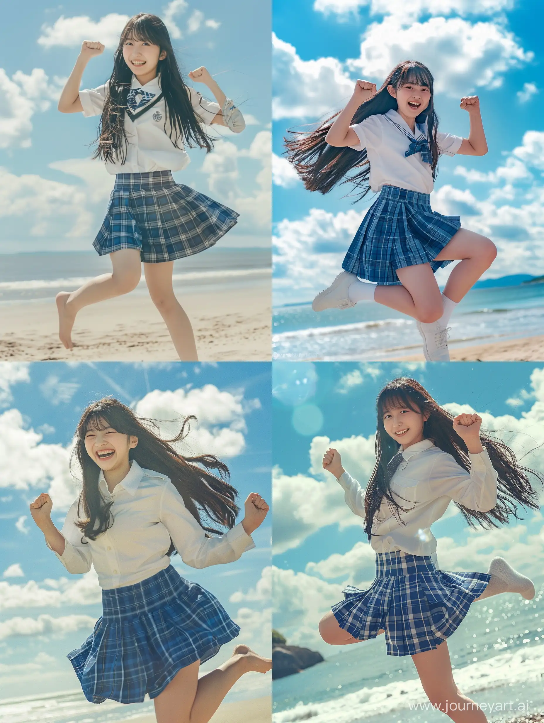 Showing a 24-year-old cute Japanese girl with long hair, sweet smile, old photo album from the 80s, captured at a wide shot, captured at a low angle, shot with the beauty of a movie camera, Japanese high school student in school uniform, white shirt, blue plaid skirt , outdoors at the seaside, flexing your feet while jumping on the beach, raising your right hand in a fist, The sky should have fluffy white clouds and a bright blue background. Posing in different photo poses, recalling the nostalgia of film photography Atmosphere. Emphasize soft natural light, clear lighting, and slightly increase graininess to enhance the timeless and lively feel of this moment. Warm, realistic, cinematic, stunningly beautiful girls, stylish print ads