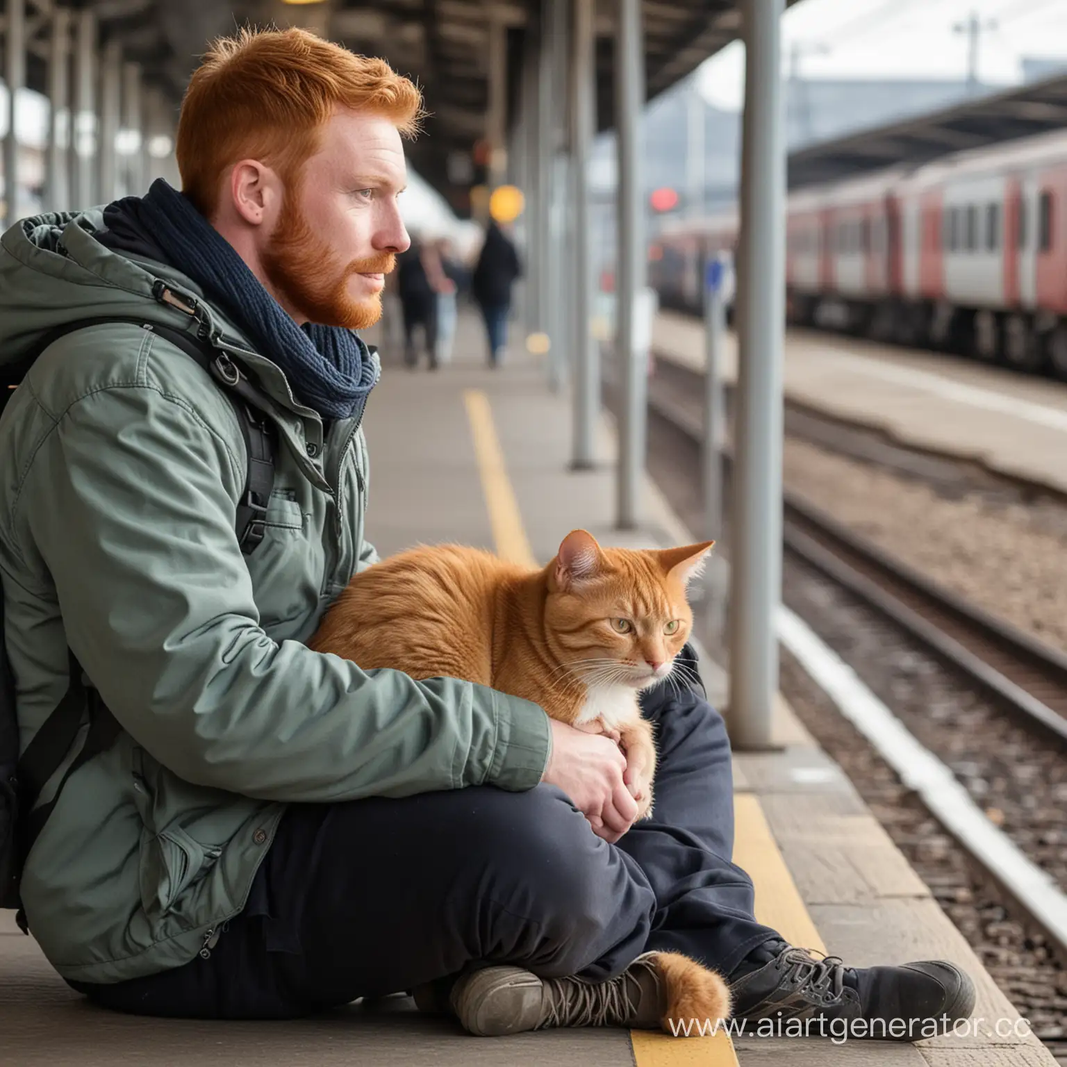 Мужчина с  молодым рыжим котиком который находиться в специальной кошачьей переноске сидят на железнодорожном вокзале в ожидании поезда
