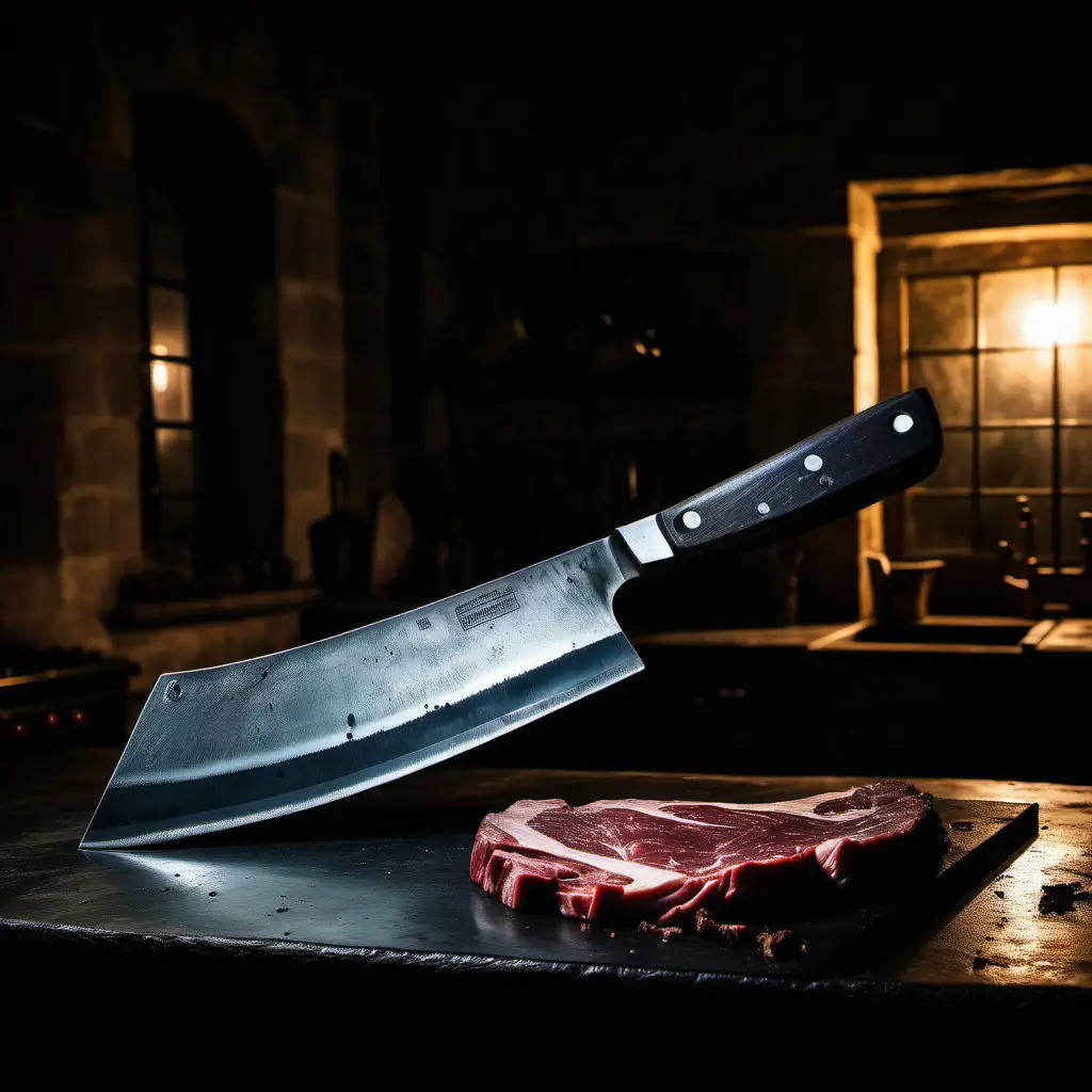Large meat cleaver lying on a table in a dimly lit kitchen in a large manor house dark at night