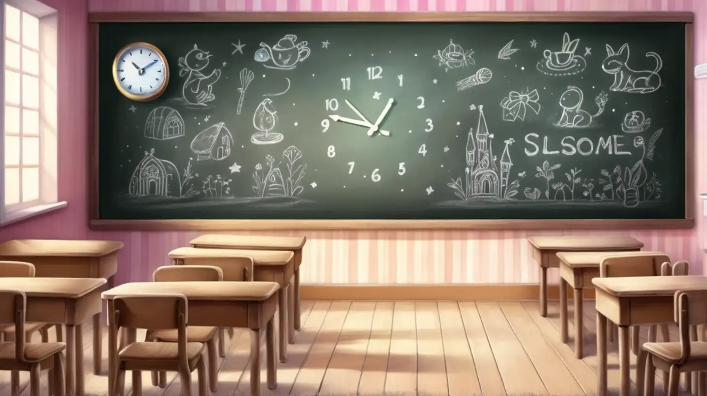 Enchanting Classroom Chalkboard with Whimsical Clock Drawing