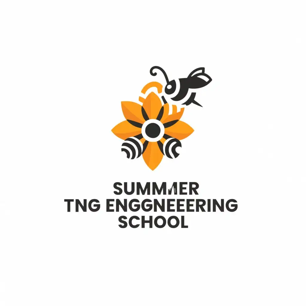 a logo design,with the text "Summer Engineering School", main symbol:Let there be a daisy next to the text, on which a bee will sit,Minimalistic,clear background