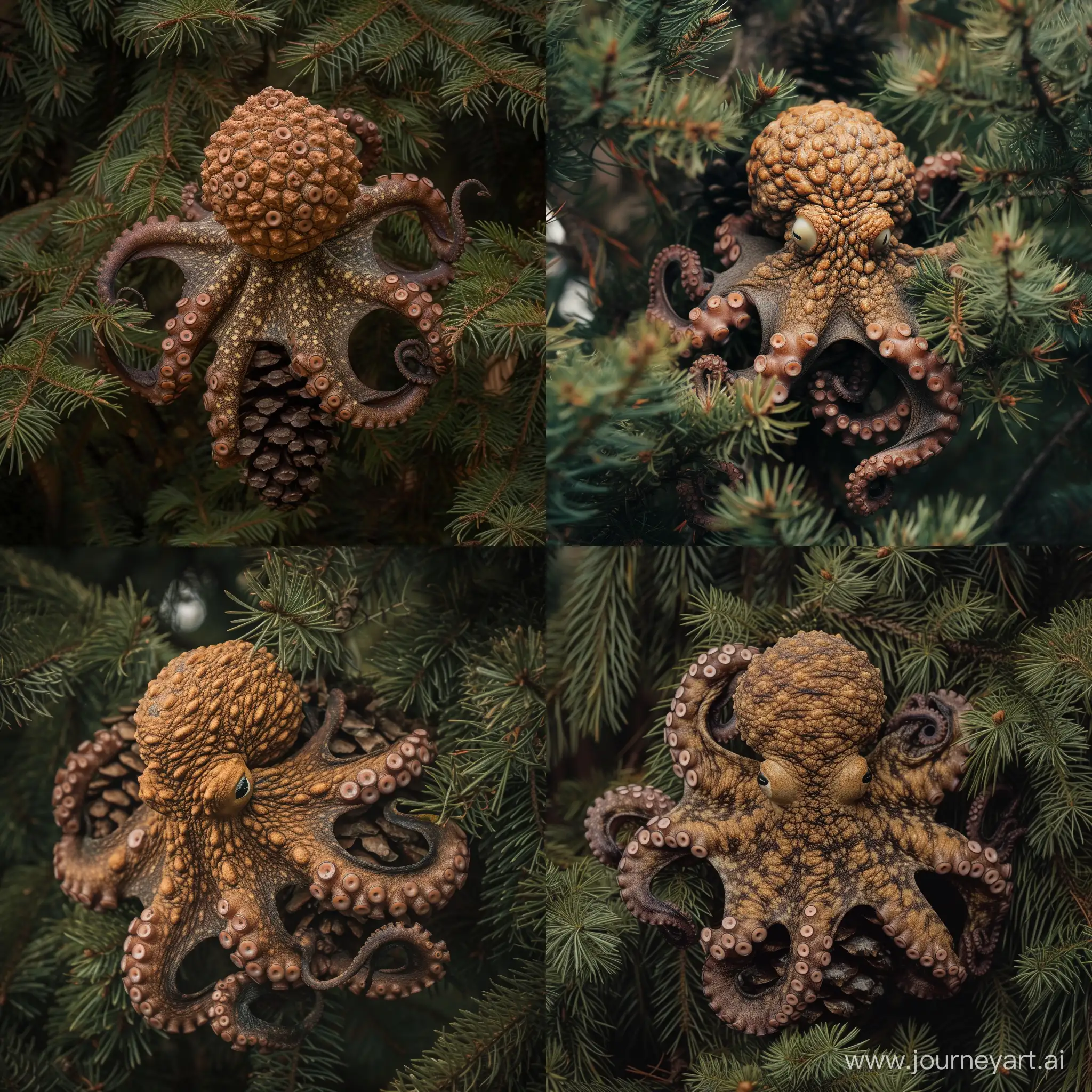 Vibrant-Octopus-Transforming-into-Pinecone-Amidst-Lush-Fir-Pine-Forest