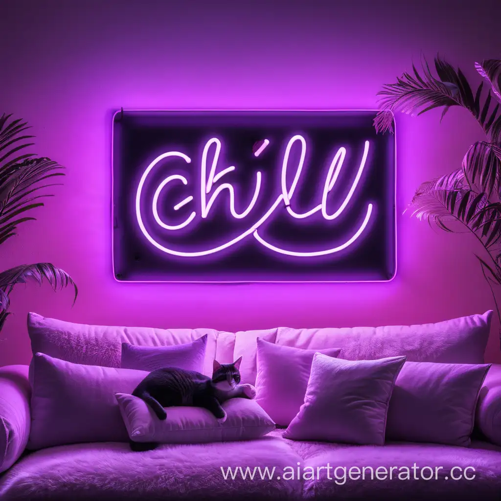 фиолетовая неоновая надпись "chill  mood" на фоне подушек в виде котов
