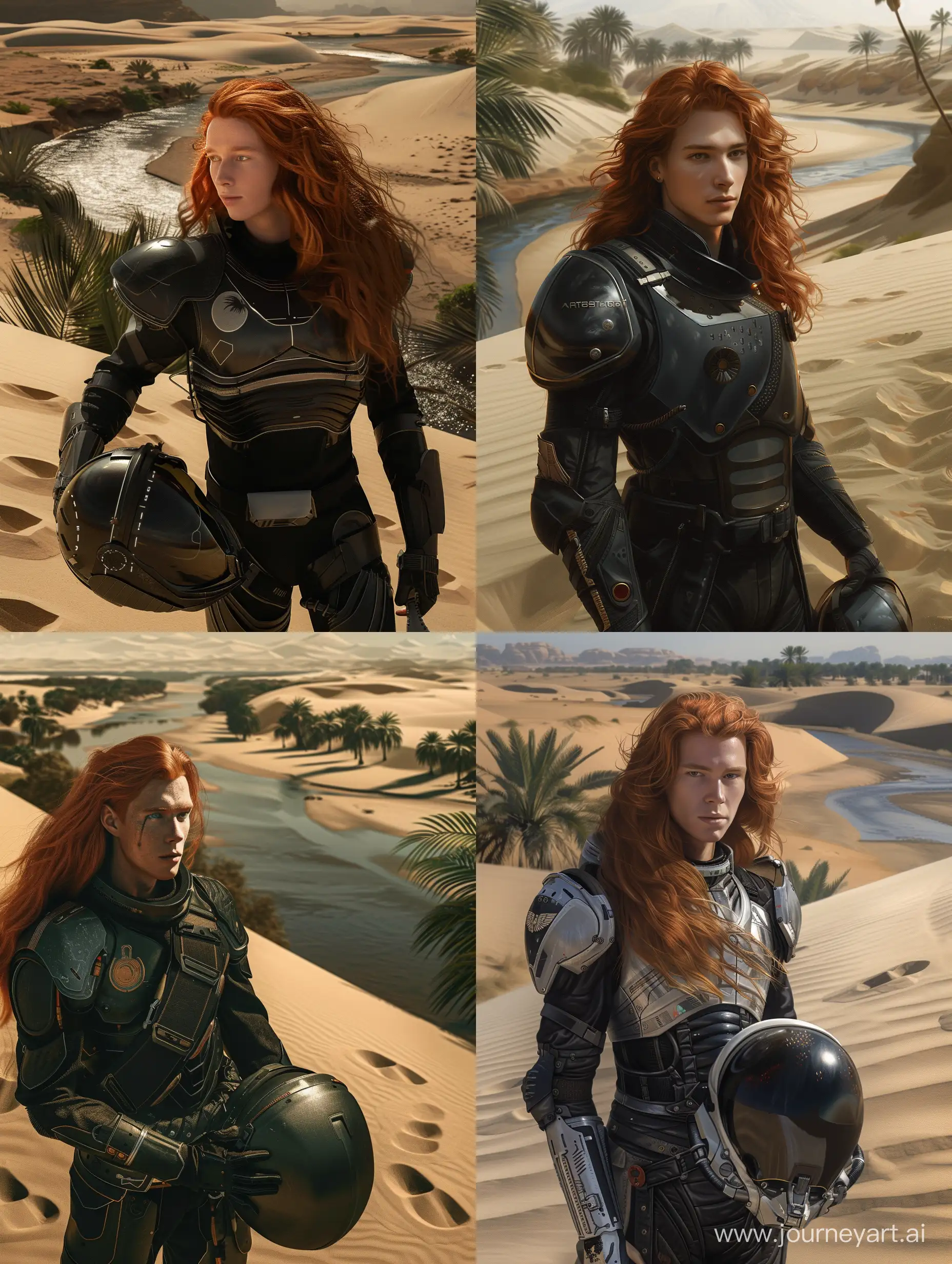  illustration, in full growth,  a 18-old-year man in lightweight space protective space armor with a little long red hair in the foreground, He holds the helmet in his hand, large dunes, sand, river and palms in background, beautiful, sharpness, romantic, footprints in the sand, , fantastic, photography, close-up, hyper detailed, trending on artstation, sharp focus, studio photo, intricate details, highly detailed, in the style of black and dark silver, y2k aesthetic, soft, dream-like quality, princecore, smooth and shiny, pensive poses, precise detailing