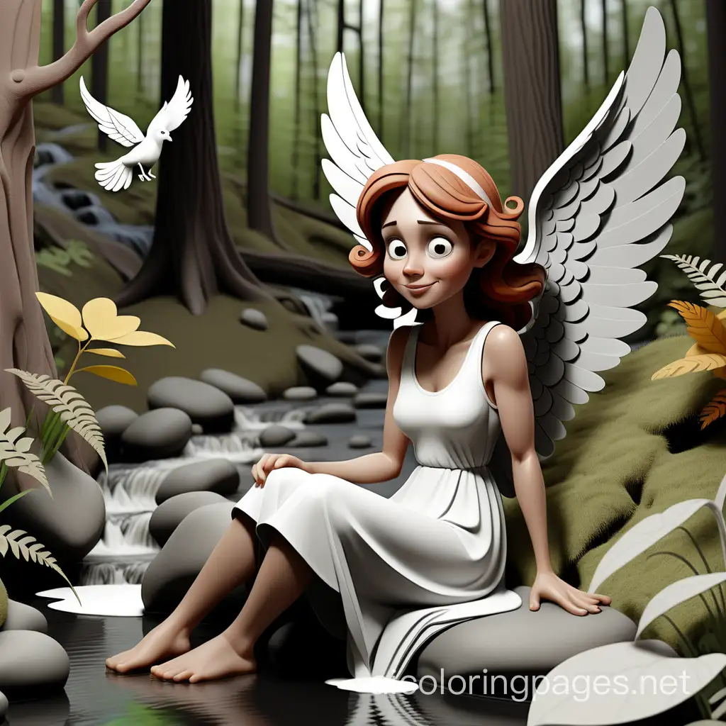 40 year old woman with wings sitting in the forest with a stream next to her,  animals all around 
, Coloring Page, black and white, line art, white background, Simplicity, Ample White Space. The background of the coloring page is plain white to make it easy for young children to color within the lines. The outlines of all the subjects are easy to distinguish, making it simple for kids to color without too much difficulty