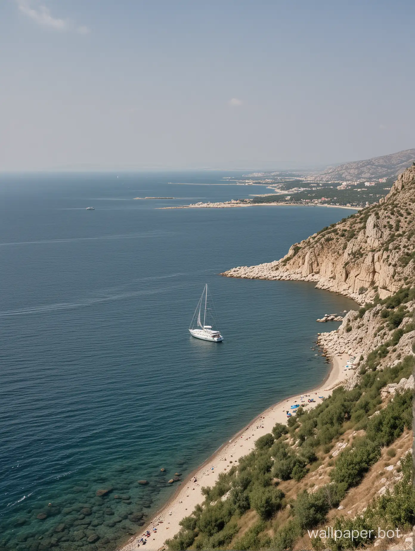 Serene-Seascape-Yacht-Sailing-in-Distant-Crimea-Karadag-Waters