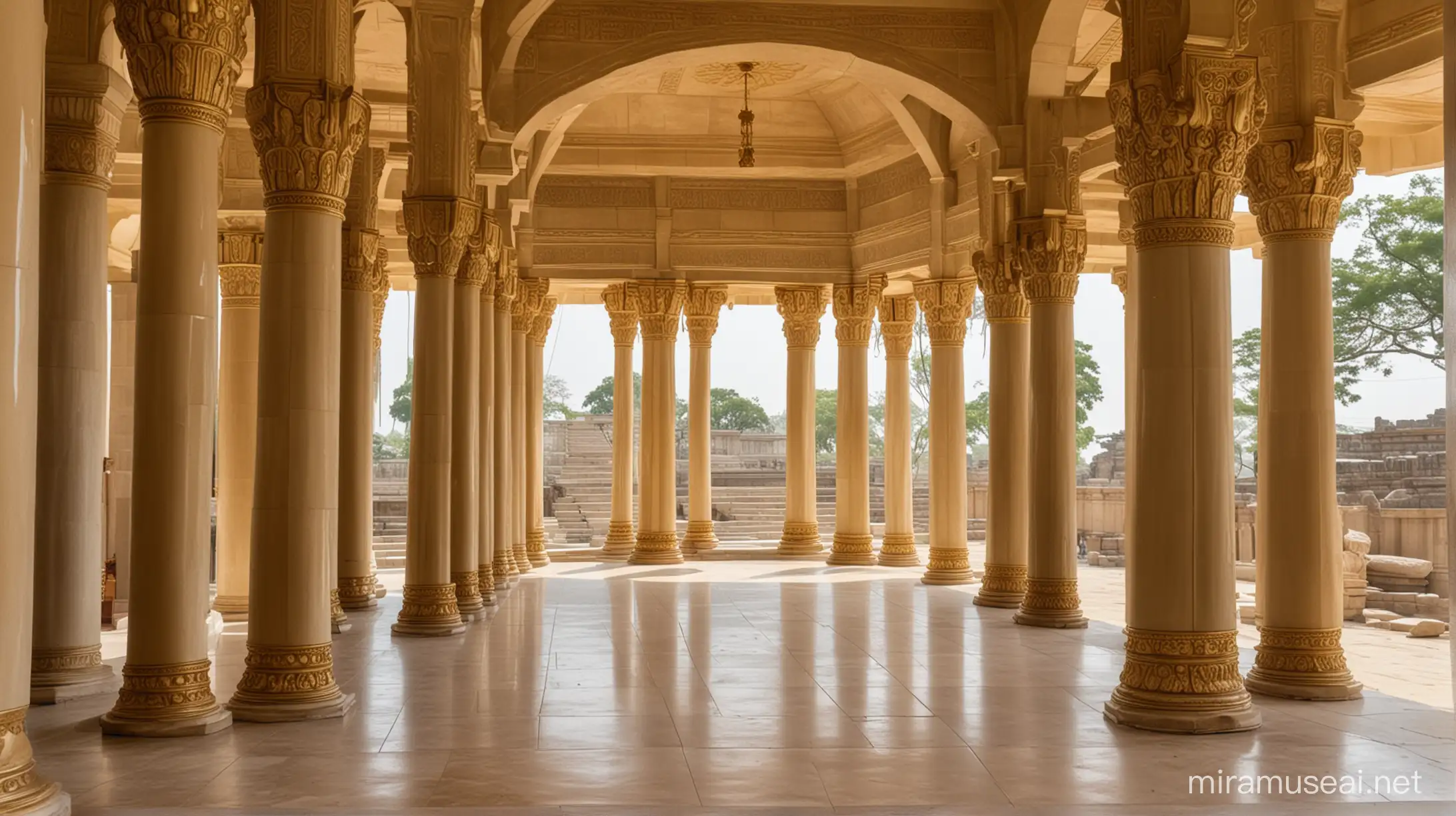 Templo puntita visto desde adentro con columnas que tienen forma de pergamino enrollado, y las columnas también tienen adornos de oro.