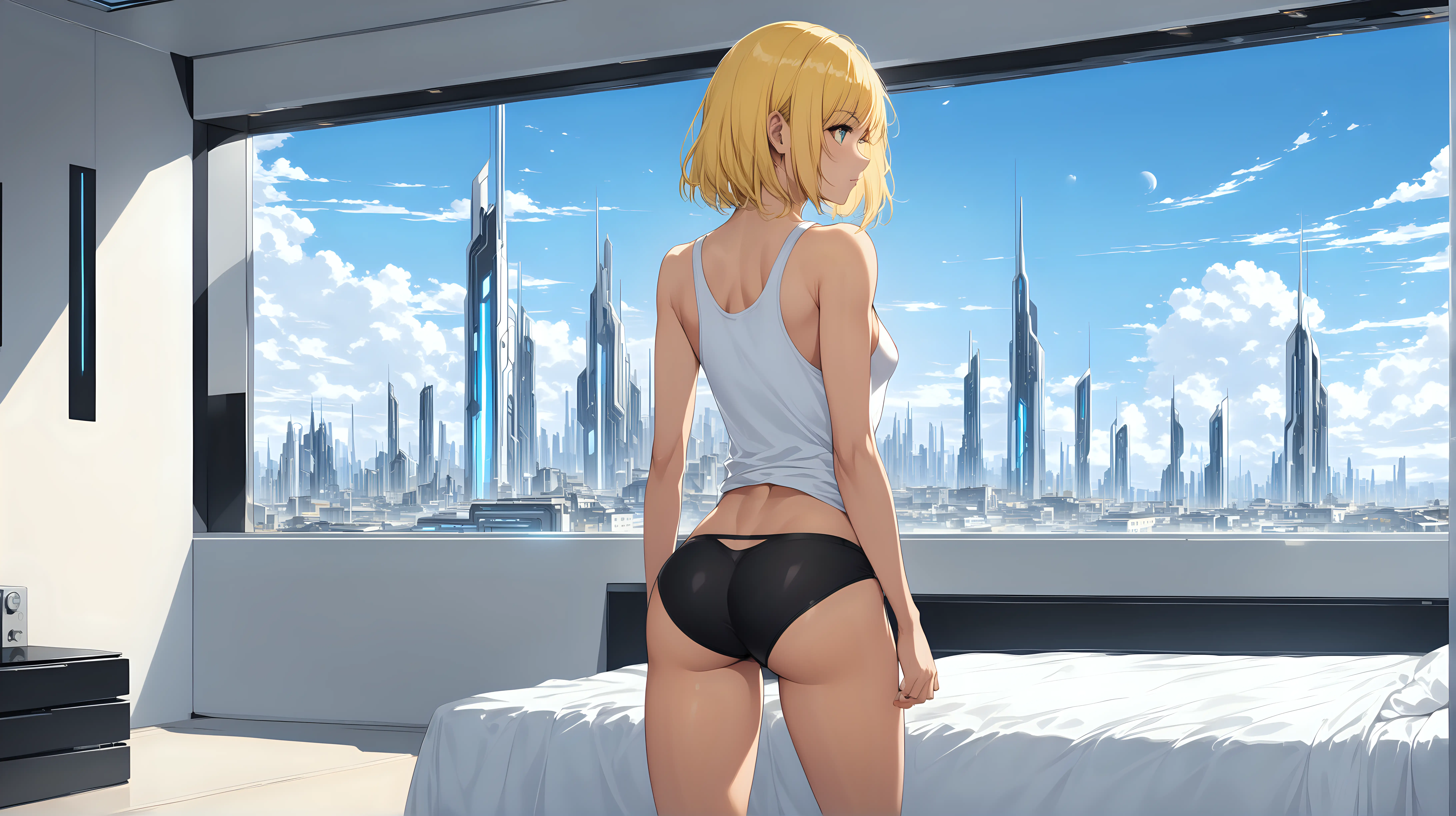 sexy fit 24 year old hero girl, short chin length yellow hair, walking over to bed in futuristic apartment, wearing short white tank top, black panties, sexy toned body, blue sky and futuristic town in background through window, yellow black white 3 color minimal design
