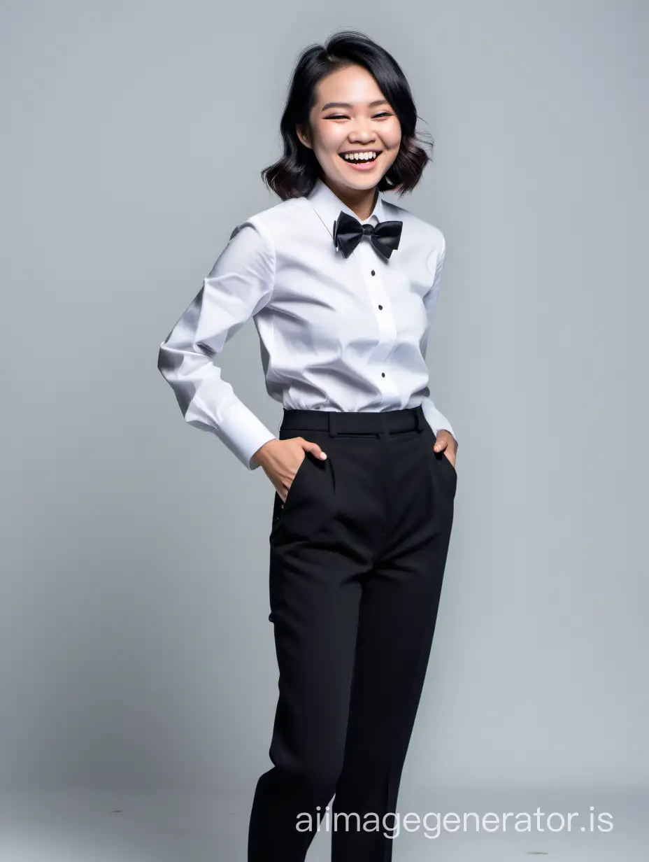 a smiling and giggling Vietnamese woman with shoulder length hair wearing a tuxedo with a white shirt and a black bow tie, black pants