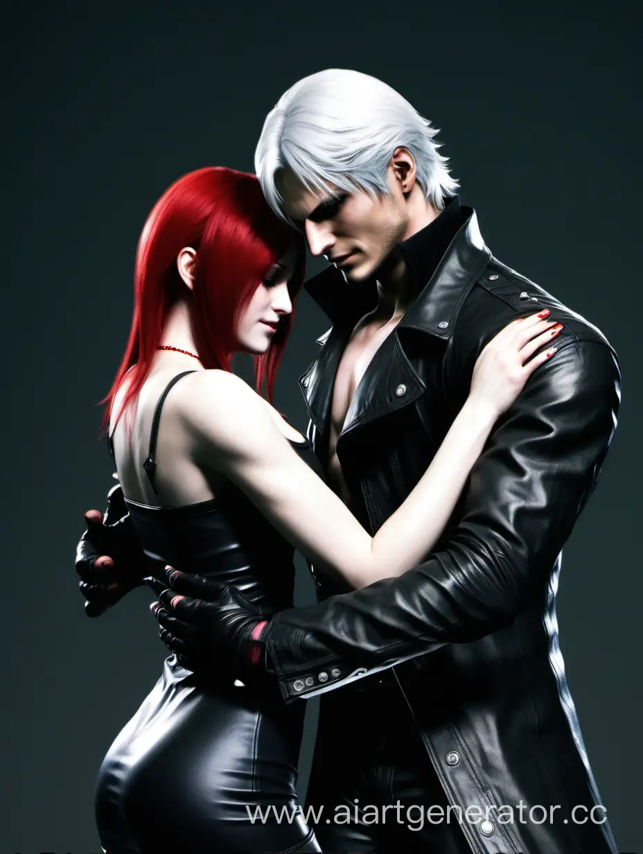 Dante from Devil May Cry series is hugging a red-hair woman, who dressed in black sexy dress