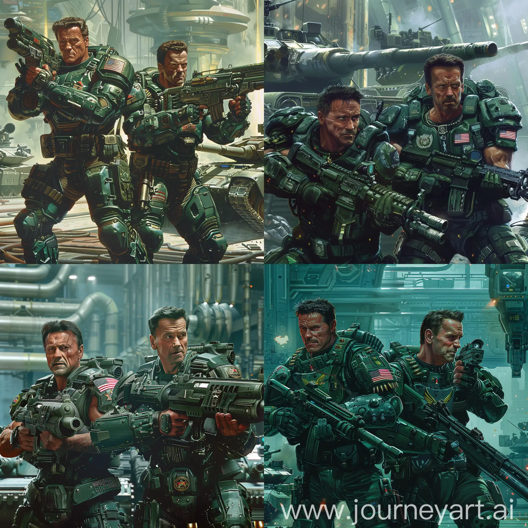 Stallone and Schwarzenegger are both in deep green space marine armors with USA flag emblems,

Stallone has a heavy Machine gun in his hands,

meanwhile, Schwarzenegger has a M202 FLASH rocket launcher in his hands,

they are before a futuristic Cyper Punk US military base,

some futuristic steel tanks are next to them,