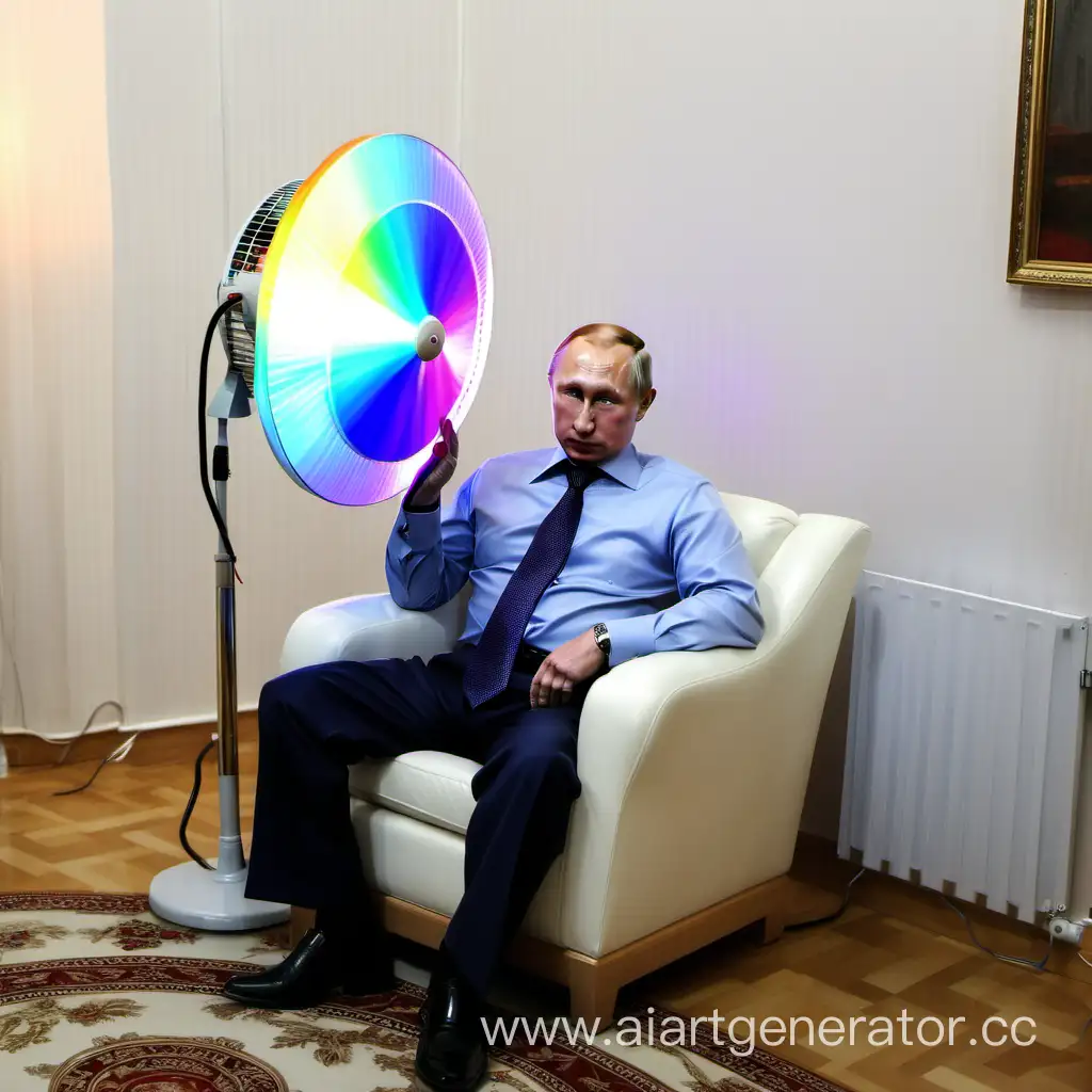 Vladimir Putin is a transgender who is sitting in front of rainbow electric fan
