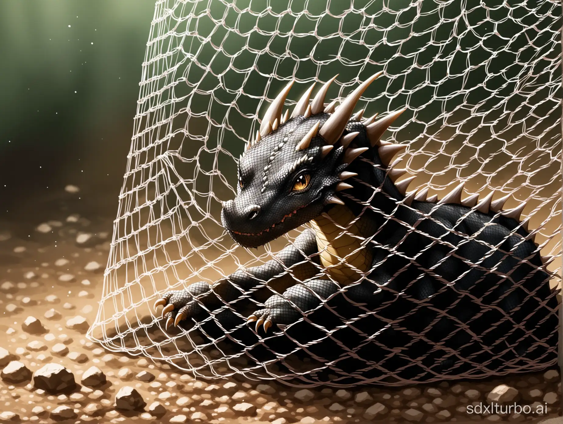 Little dragon trapped and wounded in a net