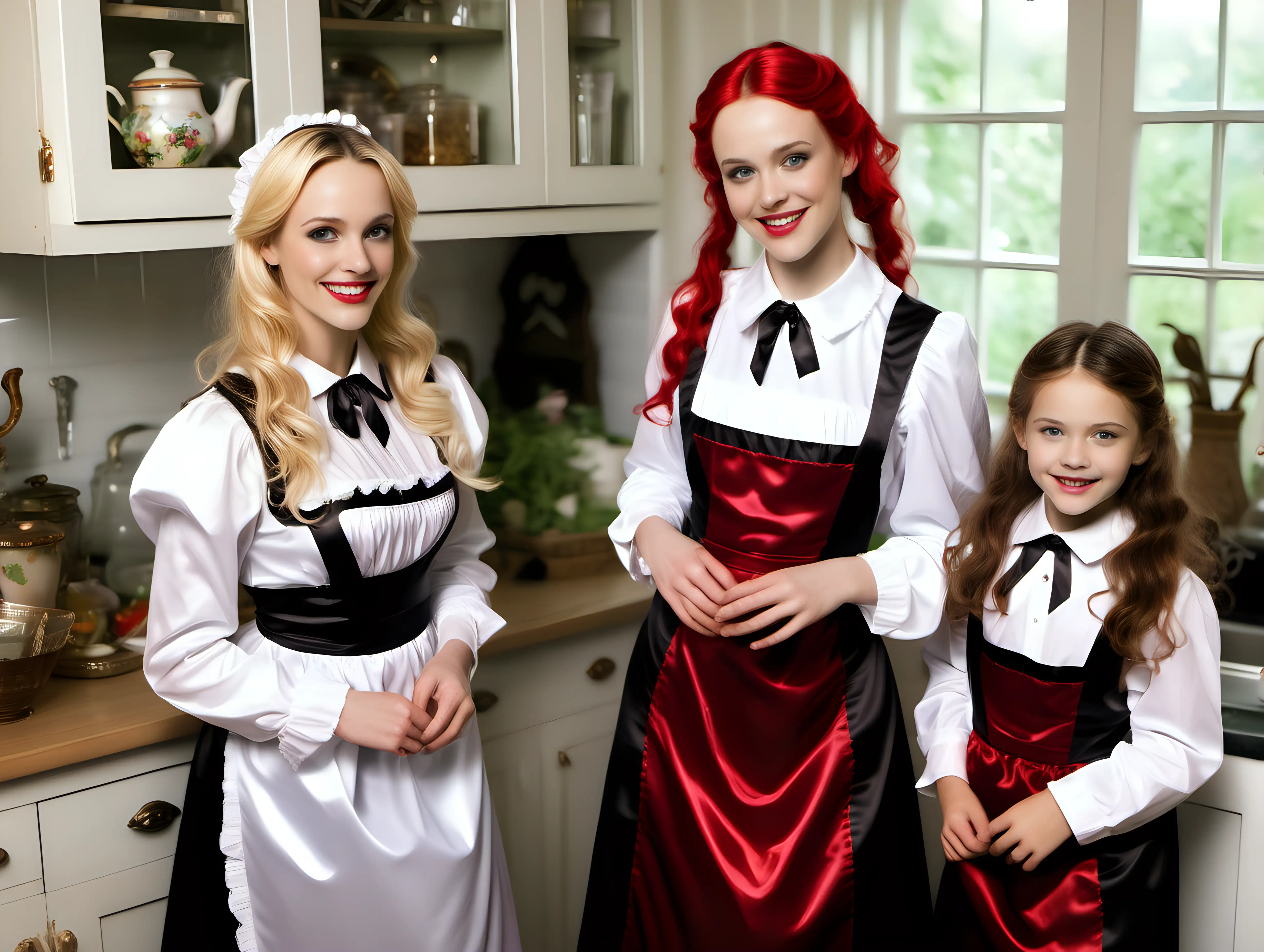 girls in long crystal silk satin red black,lila retro victorian maid gown with white apron and peter pan colar and long sleeves costume and milf mothers long blonde and red hair,black hair rachel macadams  smile in kitchen garden