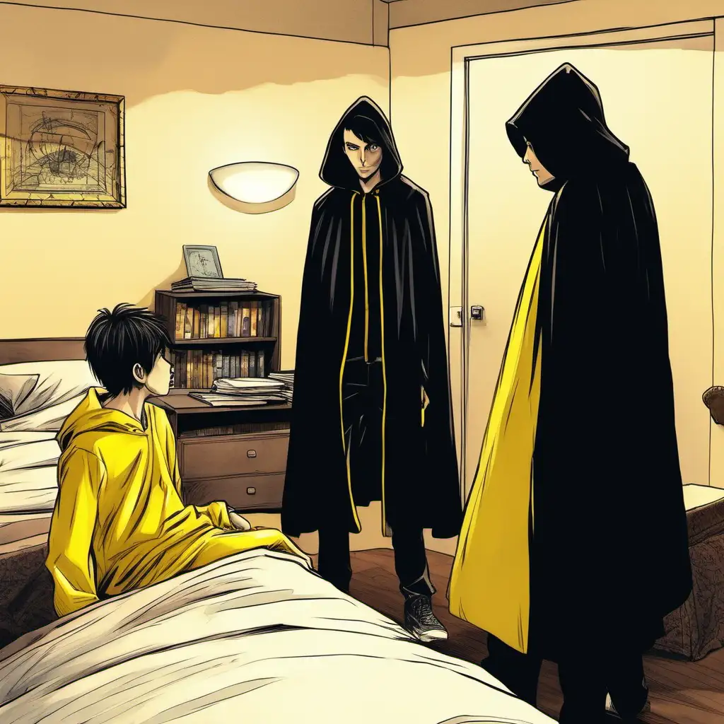 в комнате двое подросктков один из них одет в черную мантию с желтой рубашкой 