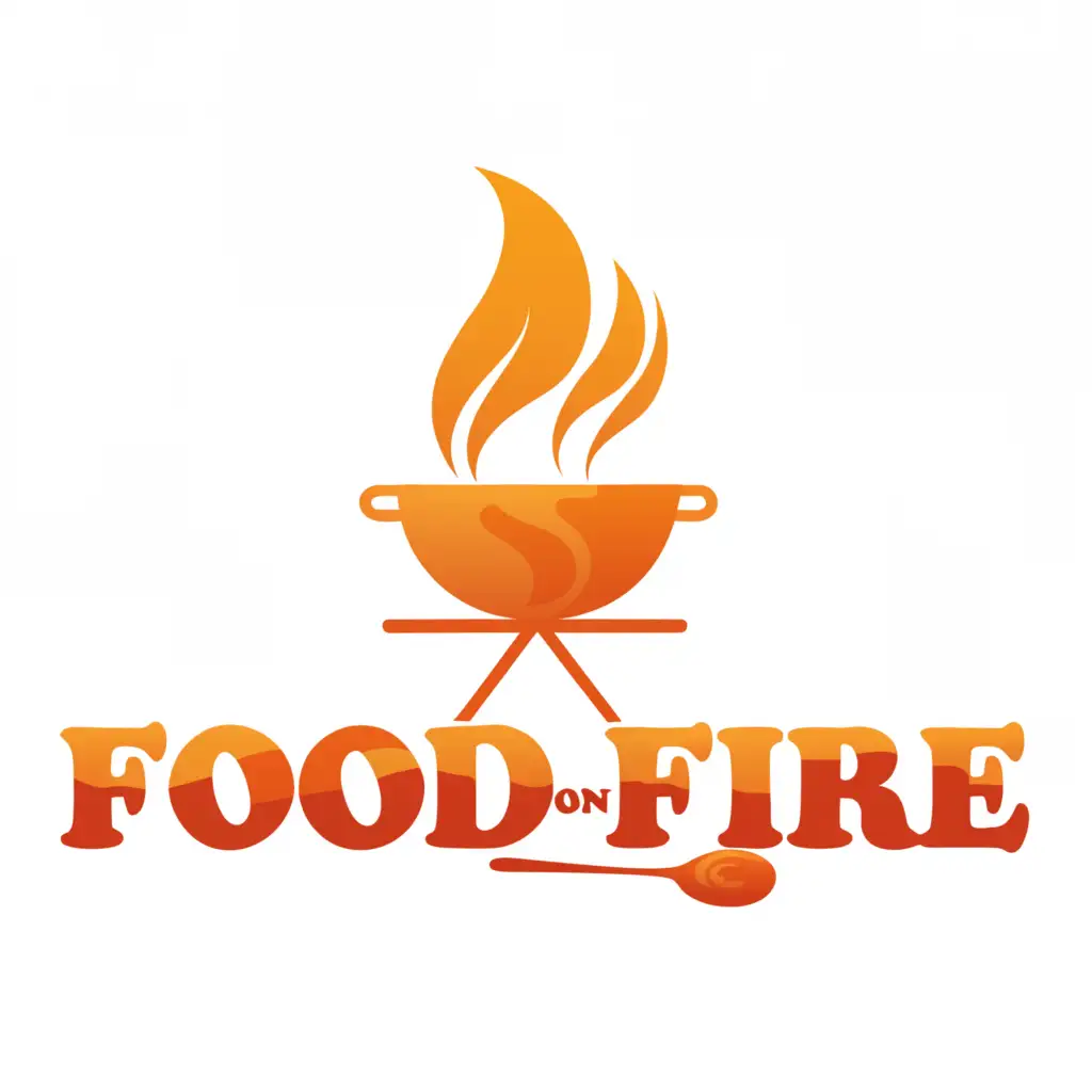 a logo design, with the text 'Food ON Fire', main symbol: pan with food surrounded by fire and a spoon at the end, Moderate, dark background