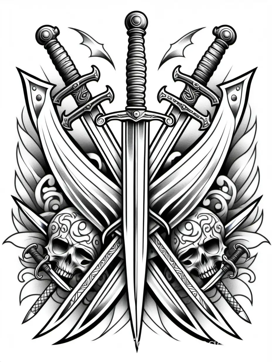 tattoo, with blades, swords and knives

, Coloring Page, black and white, line art, white background, Simplicity, Ample White Space. The background of the coloring page is plain white to make it easy for young children to color within the lines. The outlines of all the subjects are easy to distinguish, making it simple for kids to color without too much difficulty