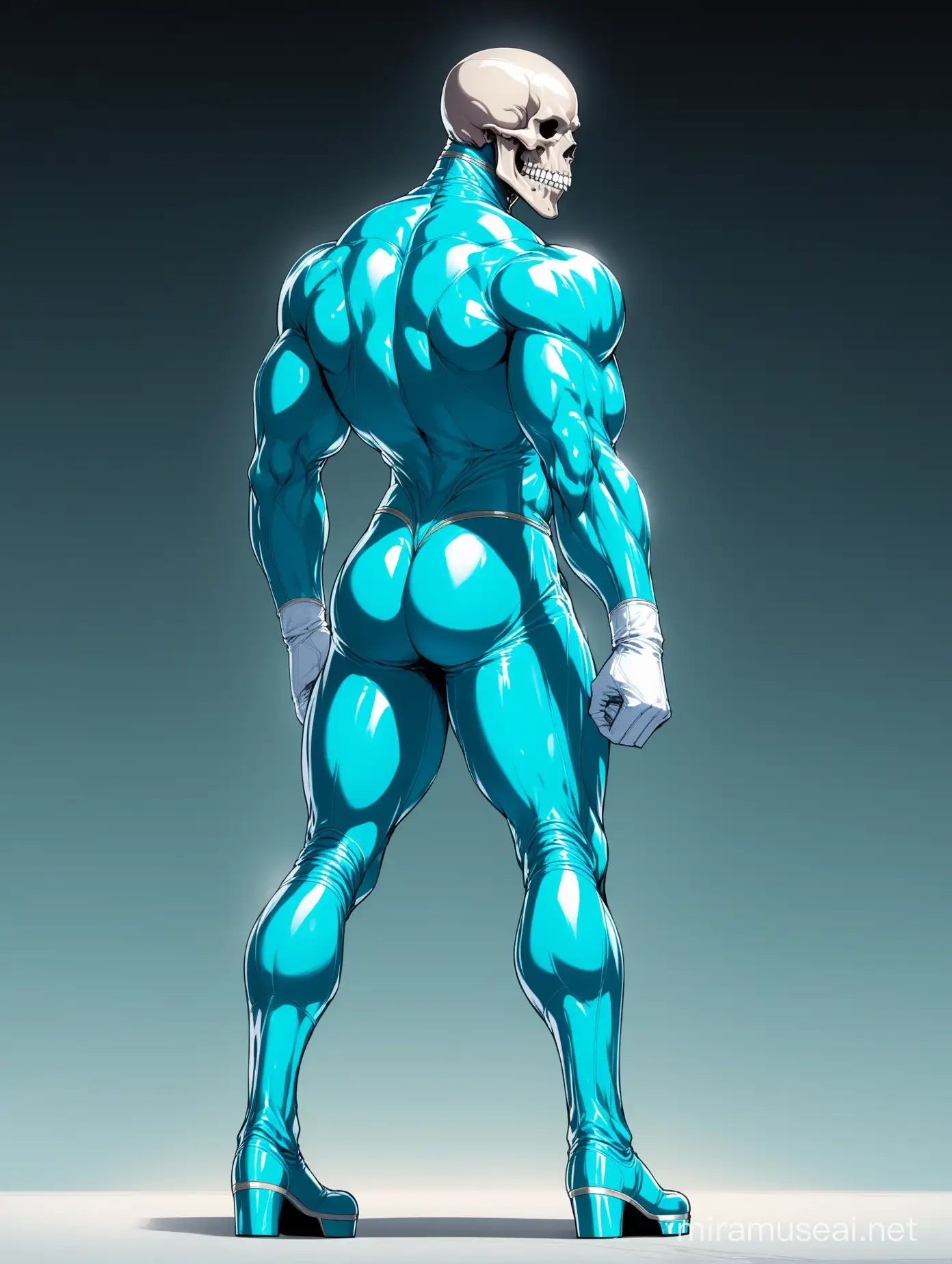 Very tall muscular handsome humanoid character with a white human skull for a head, sad shaped eye sockets, teeth, wide shoulders, wearing a cyan superhero skinsuit, penis bulge, a dark cyan blue scarf, white silk gloves, dark cyan blue boots with platform, flamboyant, pose, showing back, gluteus