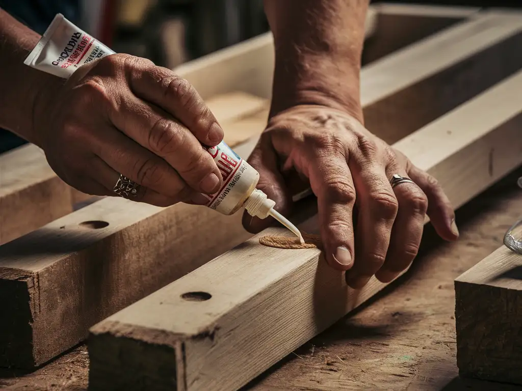 CloseUp of Hands Applying Glue to Wooden Beams