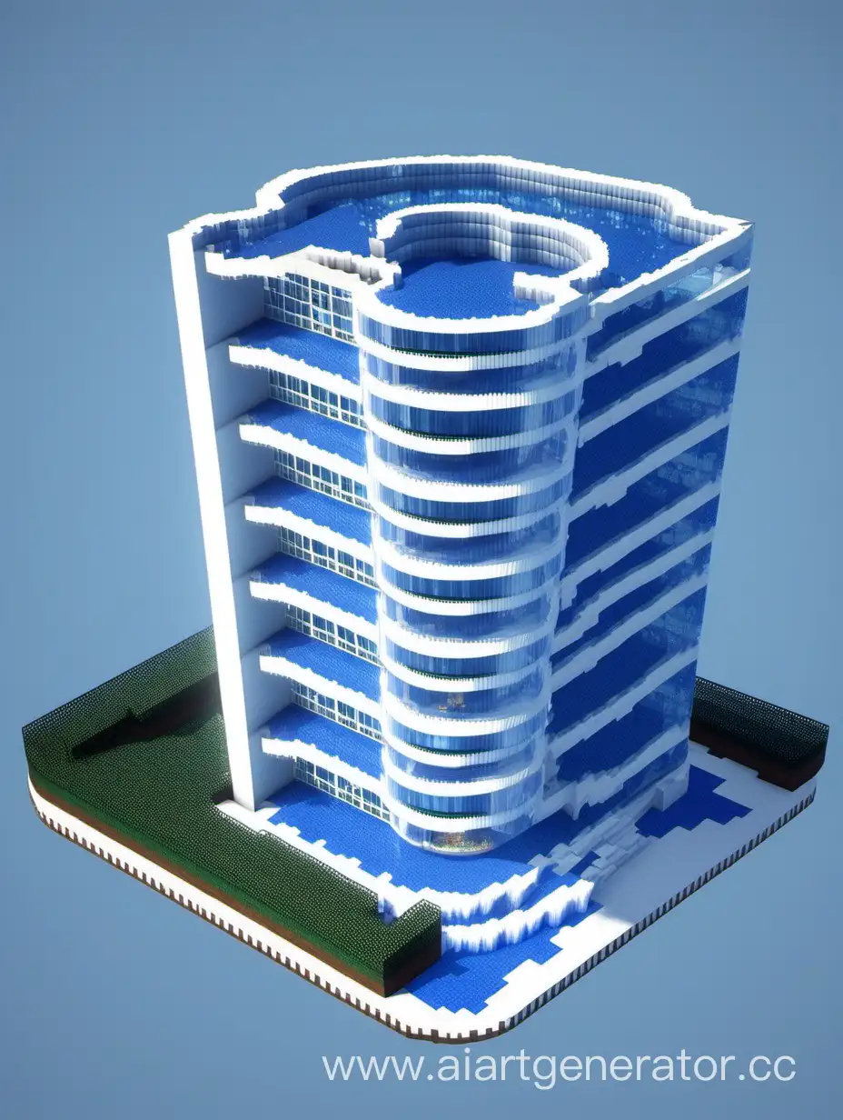 отель из синего и белого стекла в майнкрафт в виде завитушки