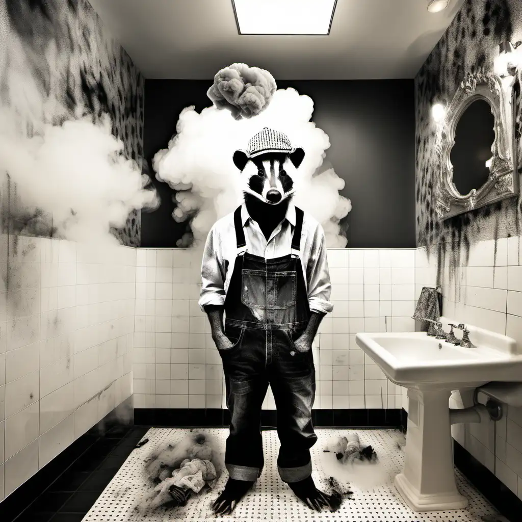 a badger dressed like a farmer in a bathroom with smoke done in artist Mr Brainwash style