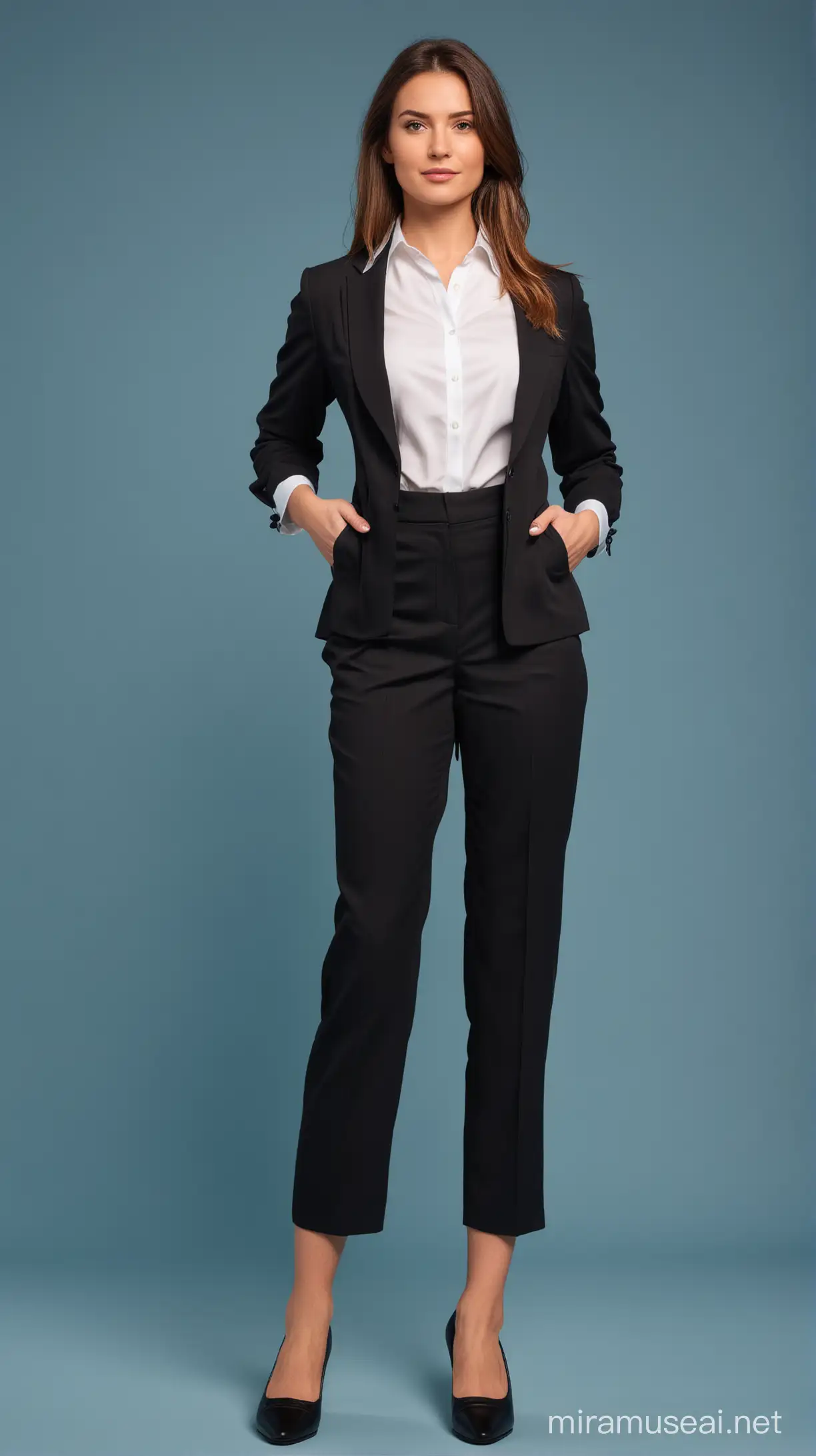 wanita karir, kemeja putih, rangkap jas hitam, celana panjang hitam formal, sepatu pantofel, pose foto berdiri tegap, profesional, fullbody, background biru