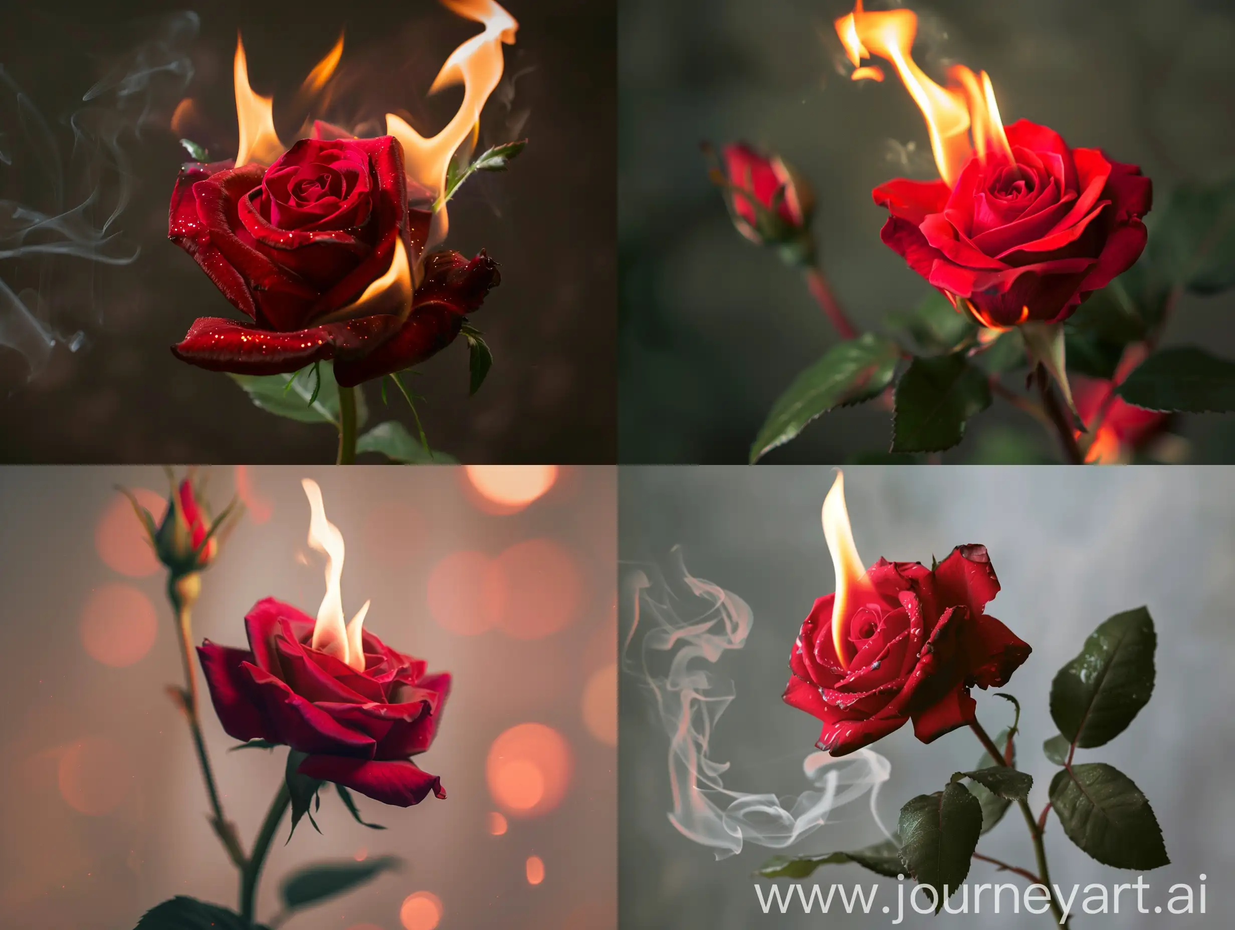Create realistic red rose with flame