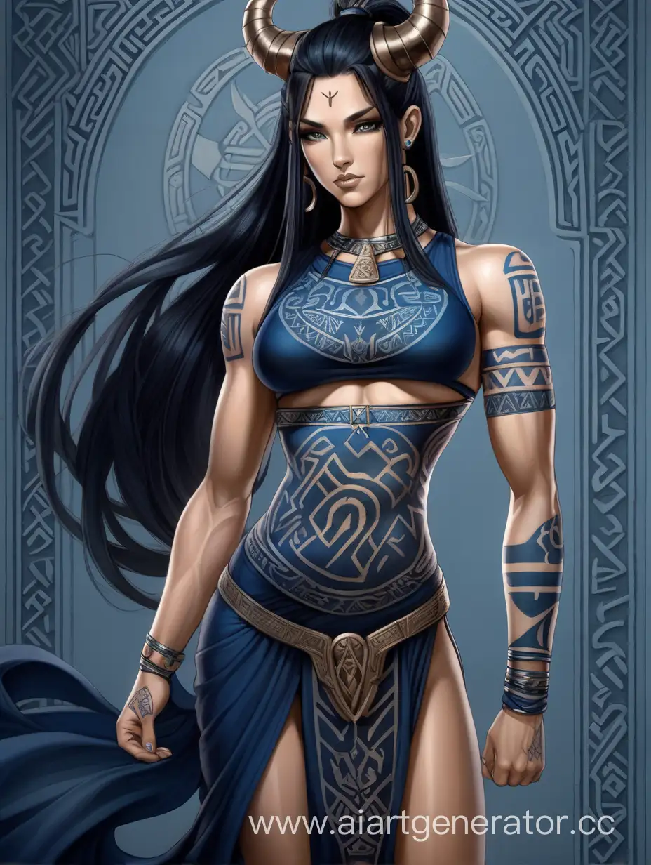 Babylon Goddess, muscular body, long black hair with ponytail, dark blue babylonian mythology dress, runic tattoos, horns, female character 