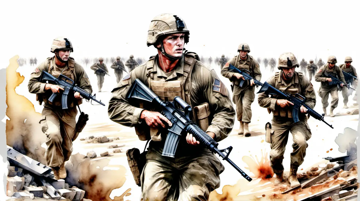 A strong handsome US male soldier protecting fellow soldiers on the frontline during war,  extreme detail watercolor style,  emerging from white background 