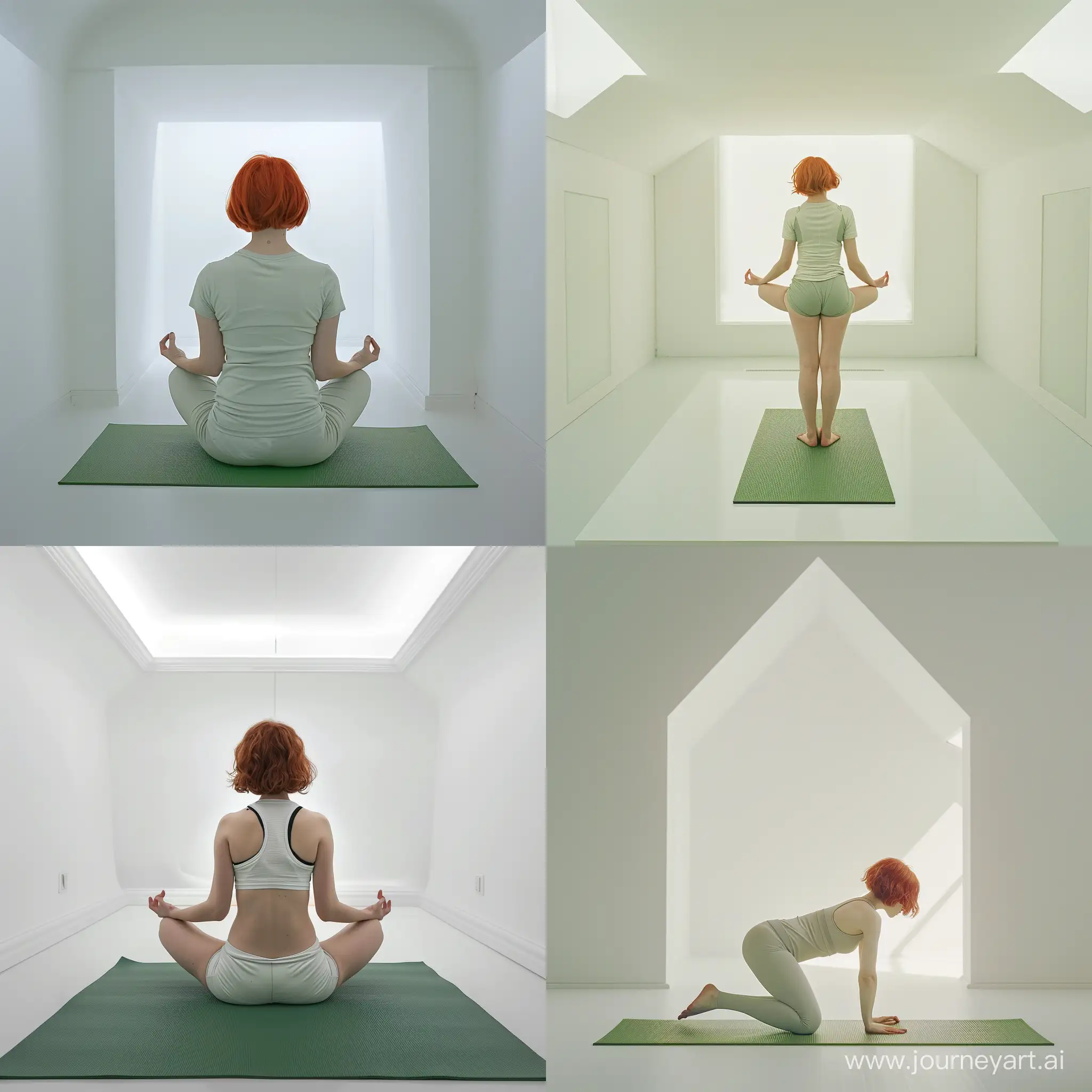 ultra realistic photo of a girl with short and red hair doing yoga in a white room on a green yoga mat