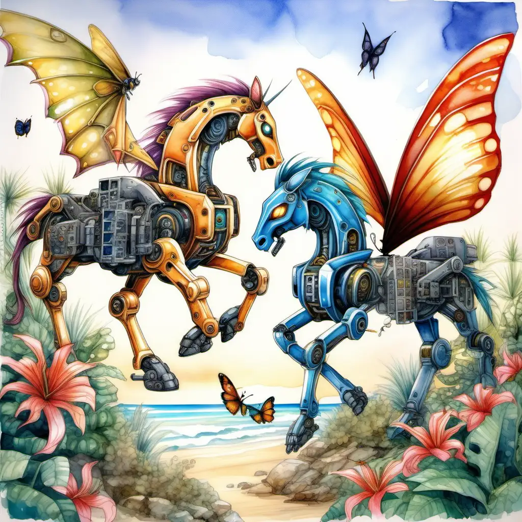 A painting of two robotic ponies and a flying robotic dragon , magical butterfly, watercolor, hawaian paradise, detailed, Bruno Amadio style, G. Bragolin style