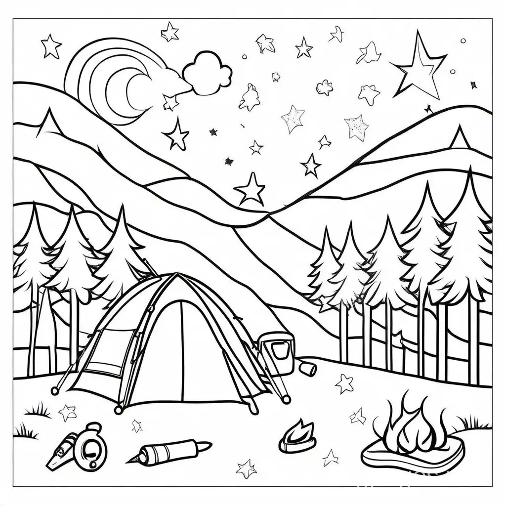 Kids Camping under the stars, Coloring Page, black and white, line art, white background, Simplicity, Ample White Space. The background of the coloring page is plain white to make it easy for young children to color within the lines. The outlines of all the subjects are easy to distinguish, making it simple for kids to color without too much difficulty, Coloring Page, black and white, line art, white background, Simplicity, Ample White Space. The background of the coloring page is plain white to make it easy for young children to color within the lines. The outlines of all the subjects are easy to distinguish, making it simple for kids to color without too much difficulty