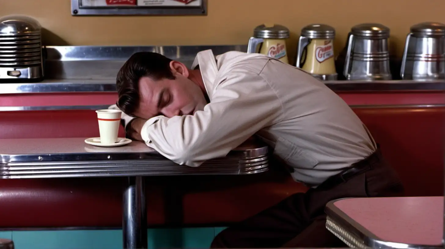 A man sitting at a counter in an empty 1950's diner, slumped over and sleeping with his head on the counter, viewed from beside him at an angle. A cup of coffee is on the table. Photographic quality, full color.