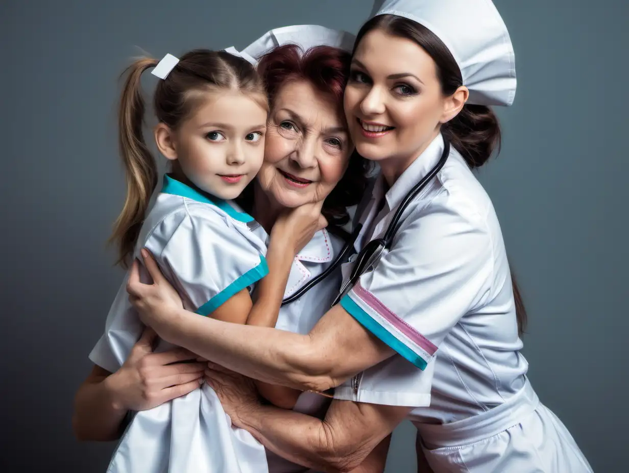 Tender Moment Girl in Satin Nurse Uniforms Embraced by Mother