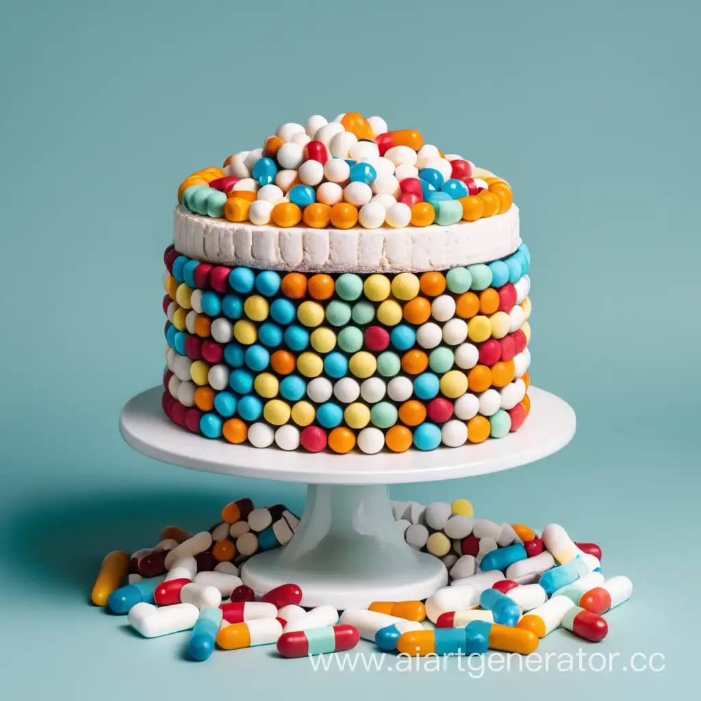 Colorful-Cake-with-Pills-on-Plate-Celebration-Dessert-with-Medication-Concept