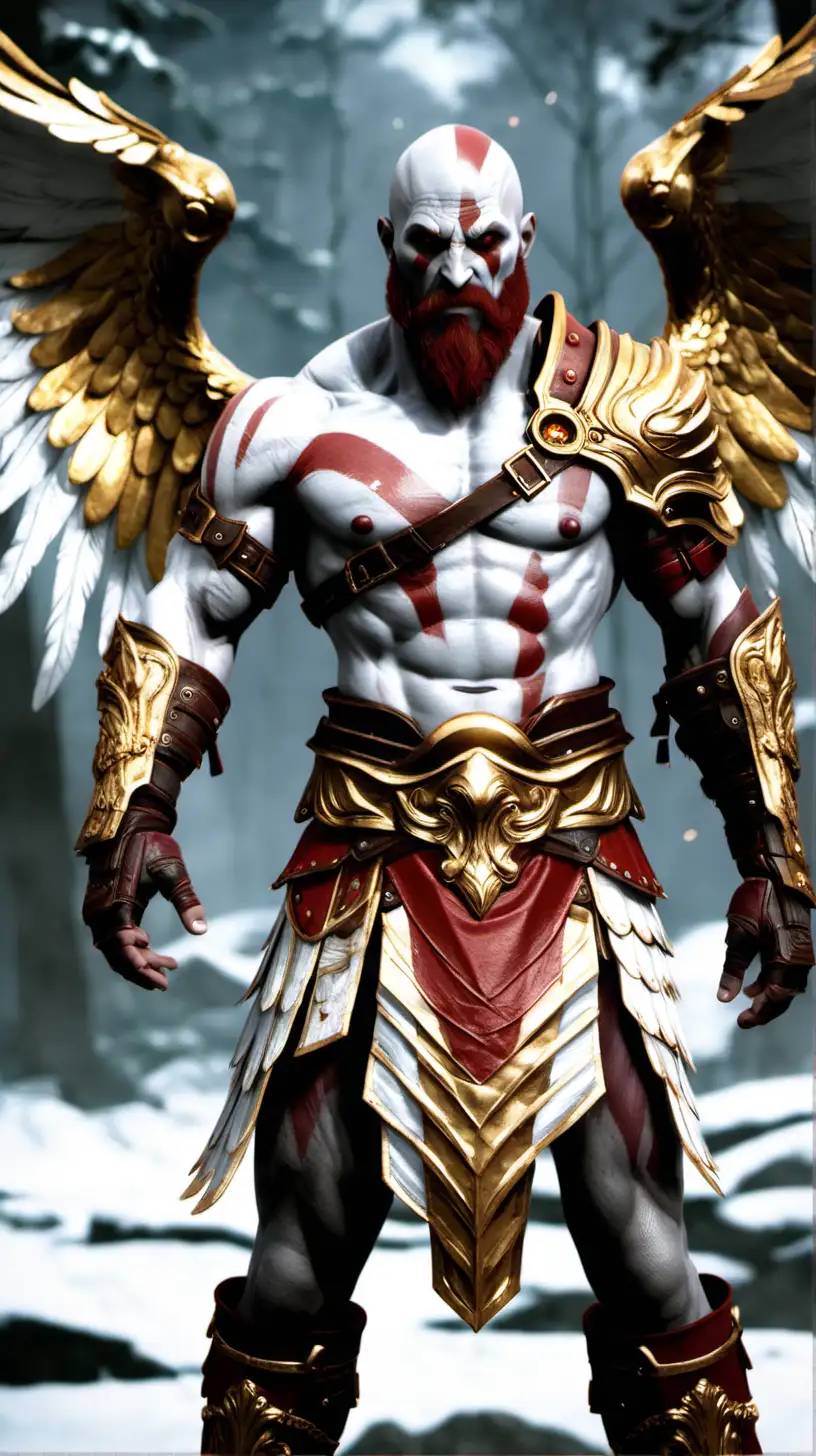 Kratos wears white, red and gold Angel Armor