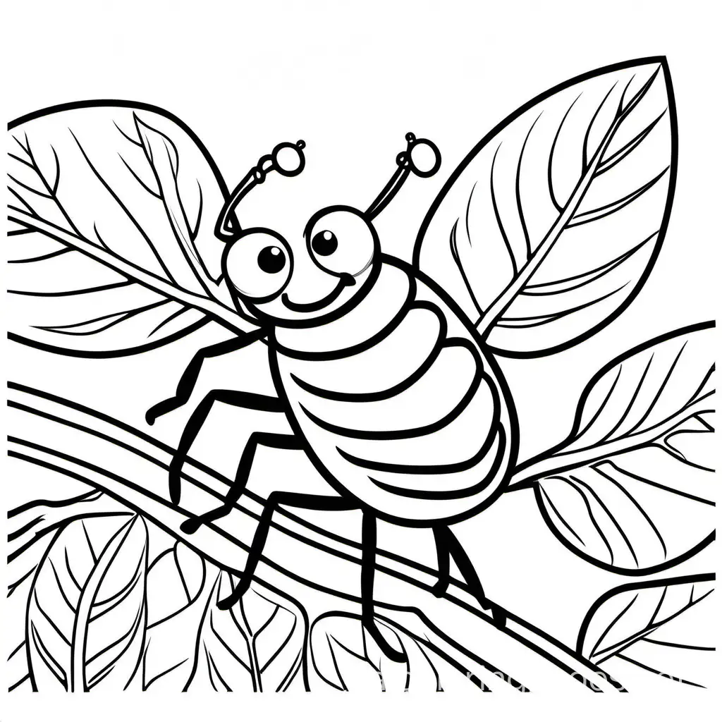 potatoe bug on tree, Coloring Page, black and white, line art, white background, Simplicity, Ample White Space. The background of the coloring page is plain white to make it easy for young children to color within the lines. The outlines of all the subjects are easy to distinguish, making it simple for kids to color without too much difficulty