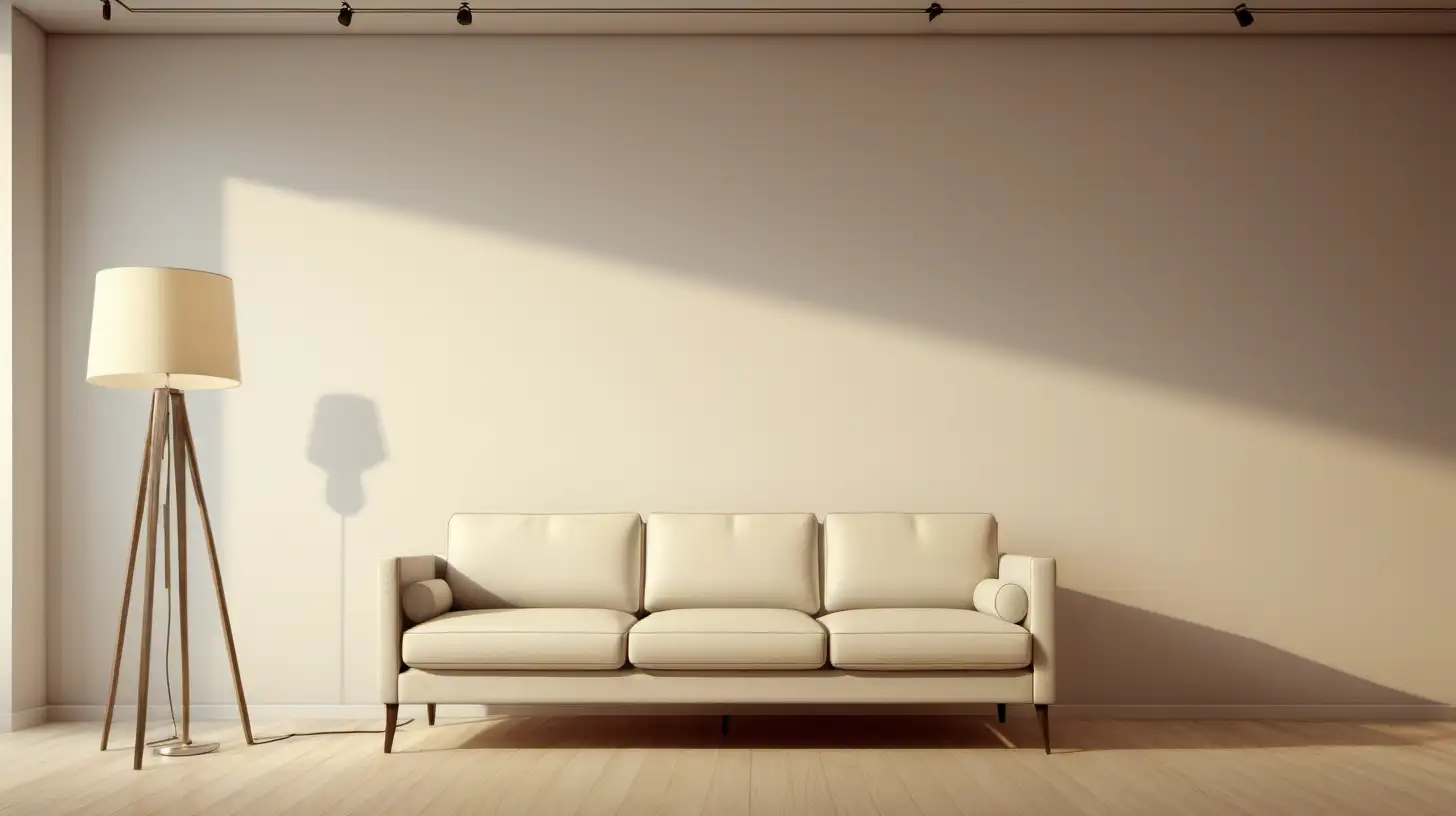 An overview of a sparsely furnished living room with only a couch and a lamp